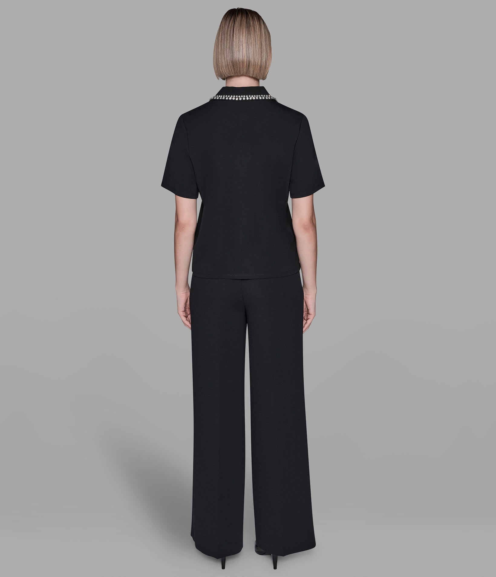 SHORT SLEEVE KNIT TOP WITH EMBELLISHED COLLAR View 2 | Women's Clothing Sale