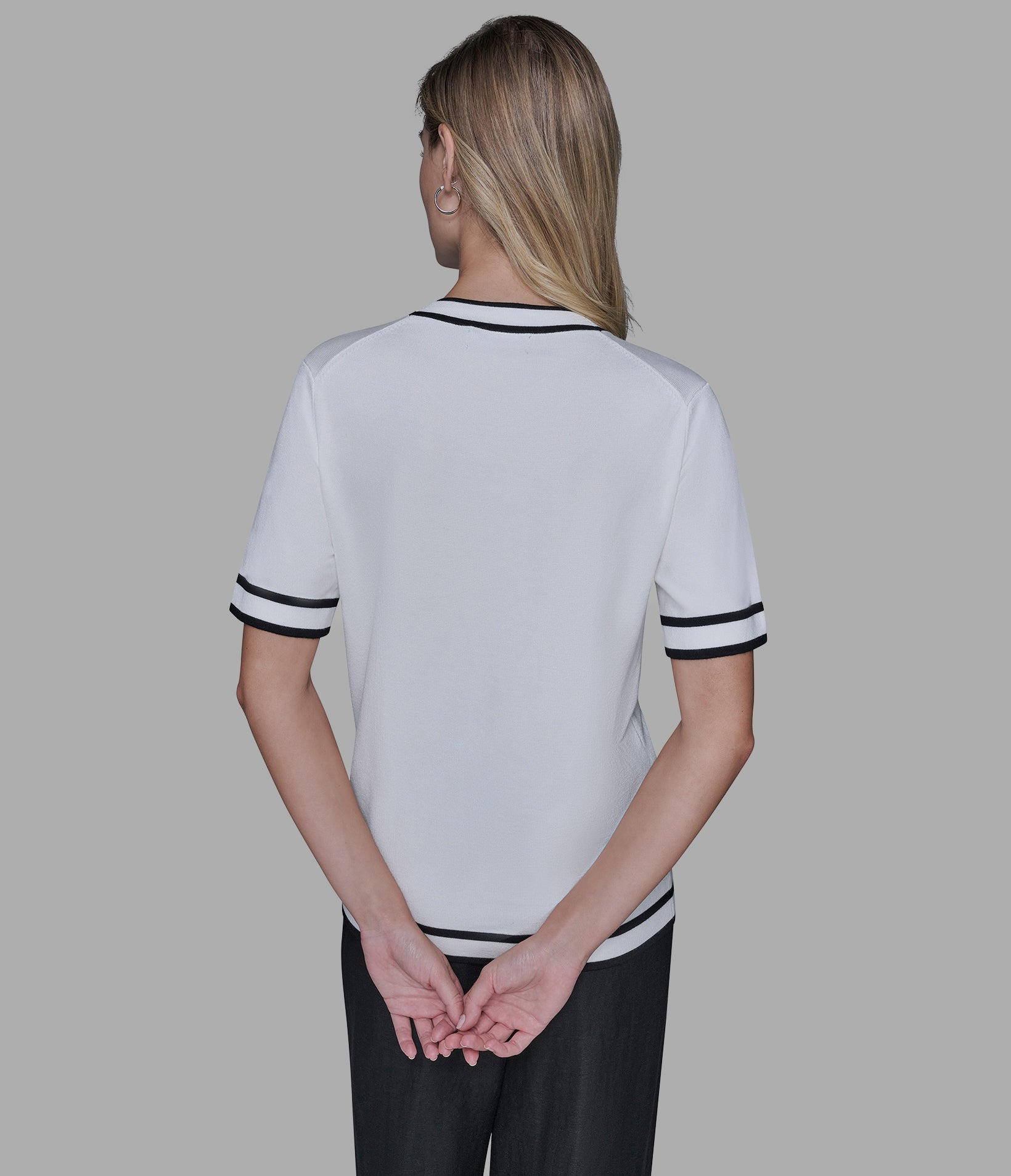 SHORT SLEEVE CONTRAST TRIM SWEATER View 2 | Women's Tops & Sweaters