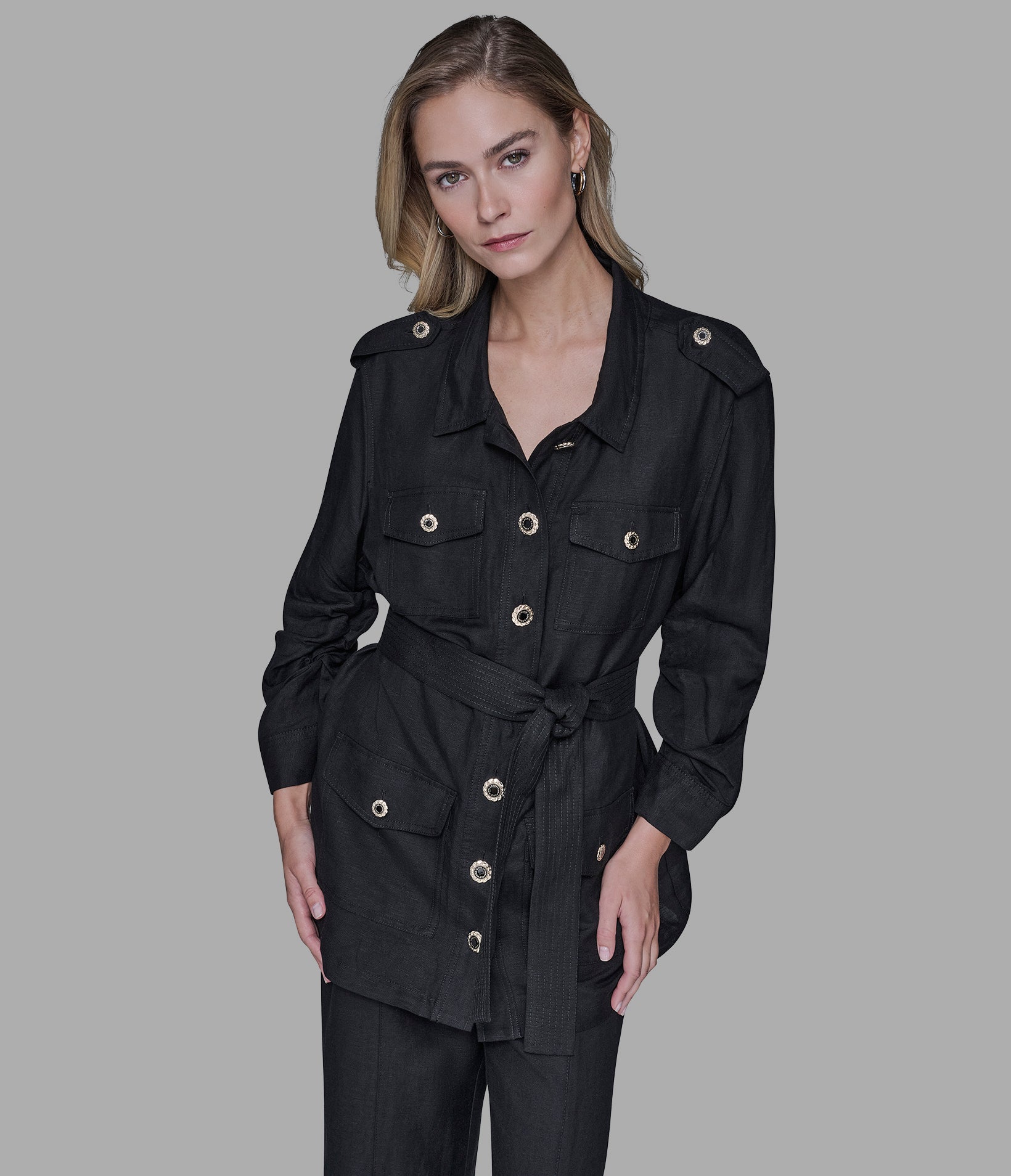 LINEN BLEND BELTED JACKET View 1 | Women's Matching Sets