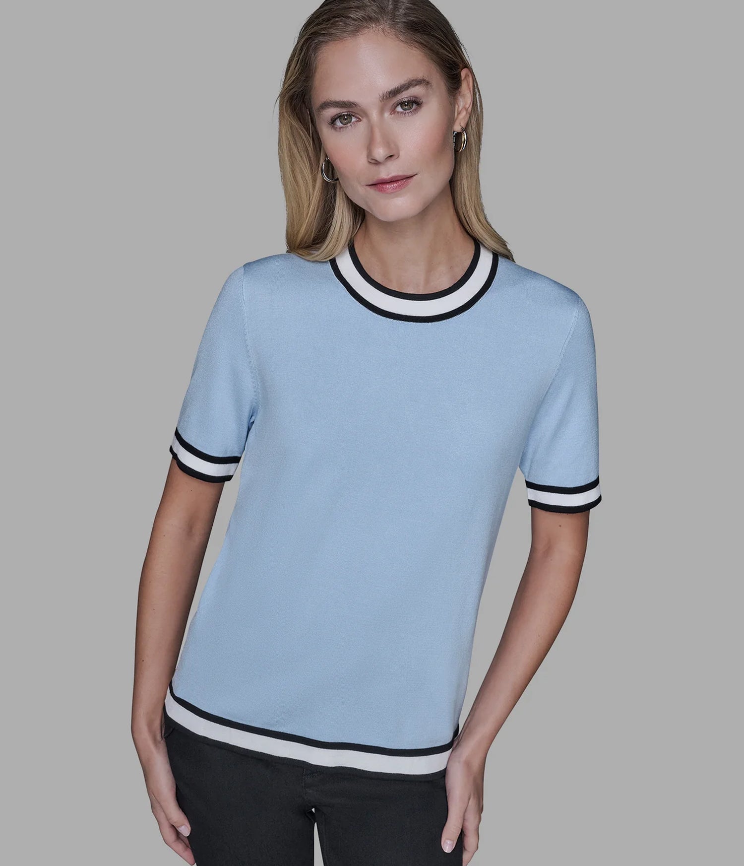 SHORT SLEEVE CONTRAST TRIM SWEATER View 1 | New Women's Clothing