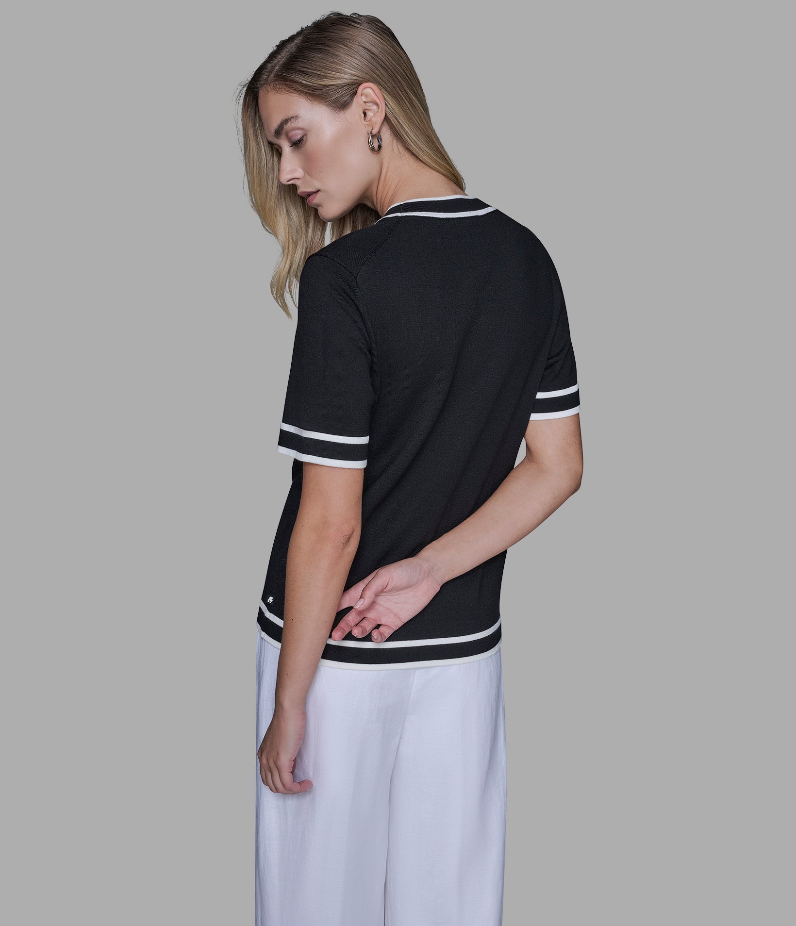 SHORT SLEEVE CONTRAST TRIM SWEATER View 2 | Women's Tops & Sweaters