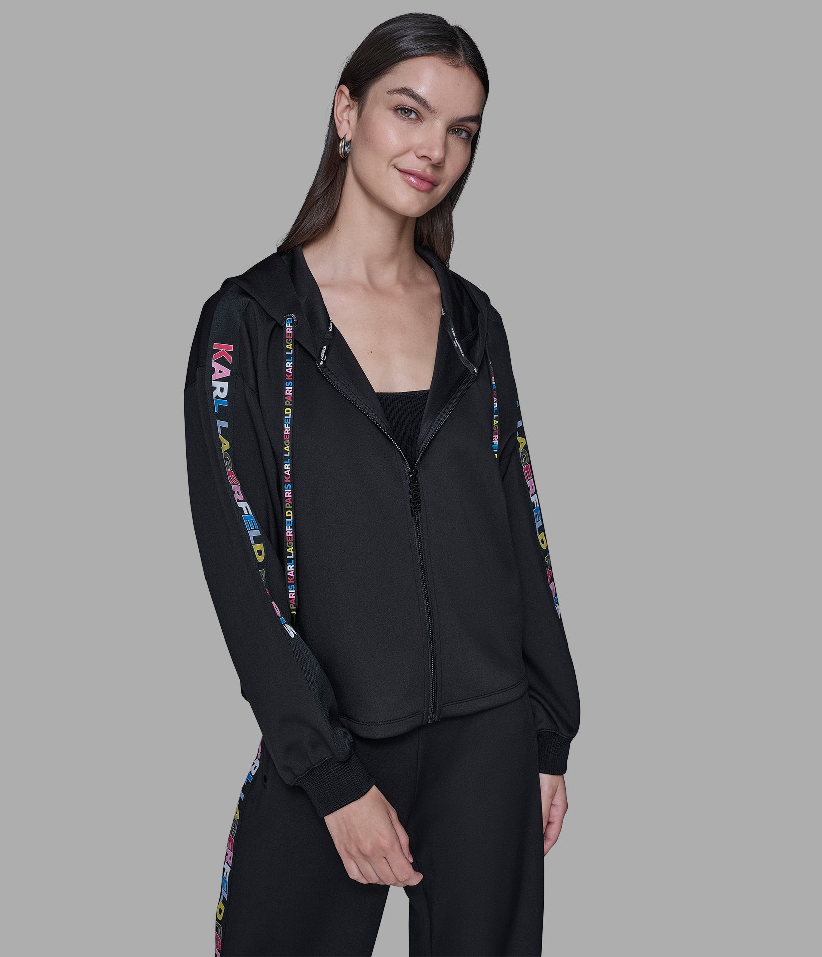 Multi Color Logo Tape Full Zip Hoodie | Athleisure | Karl