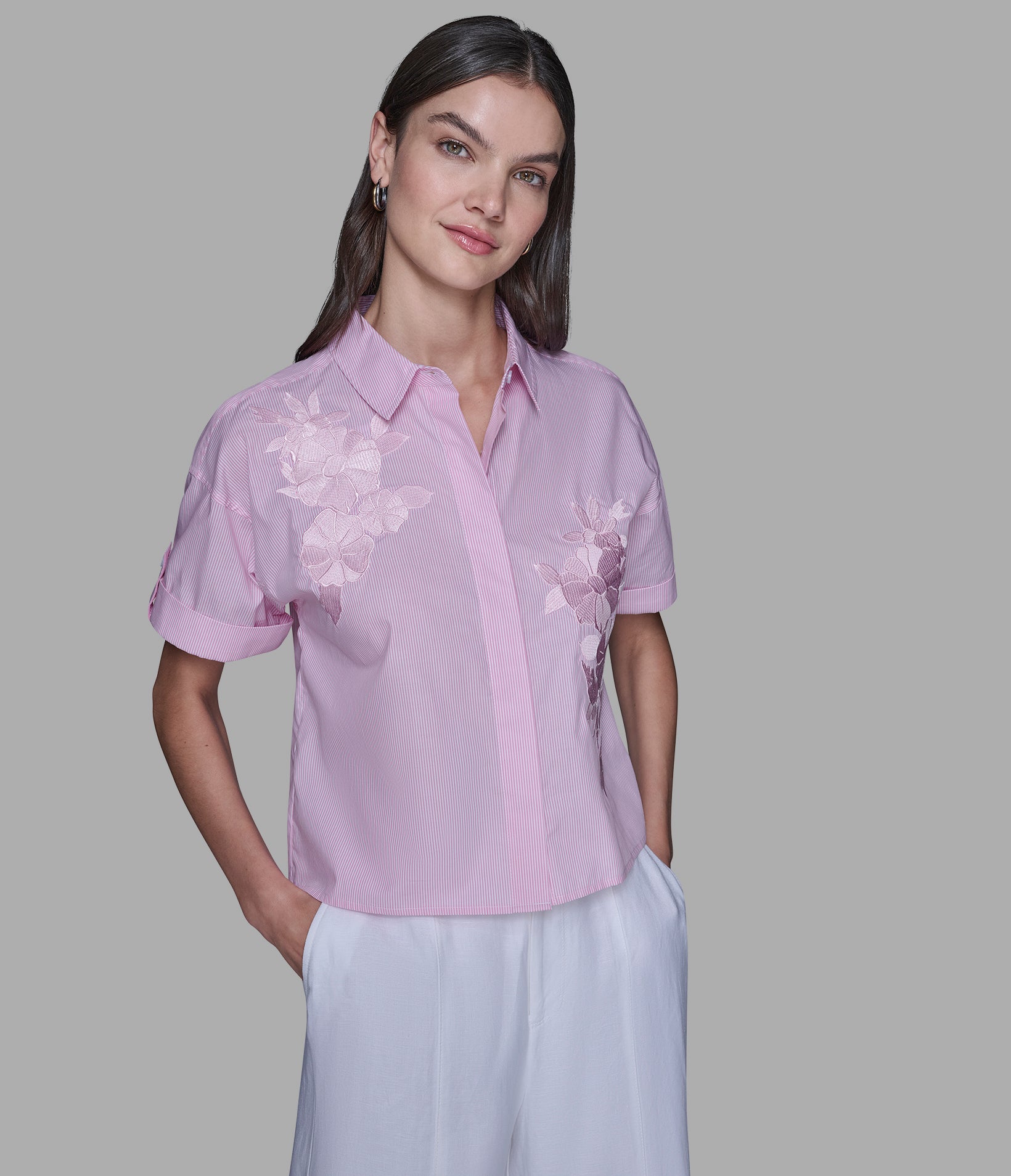 SHORT SLEEVE EMBROIDERED POPLIN SHIRT View 1 | Women's Sale