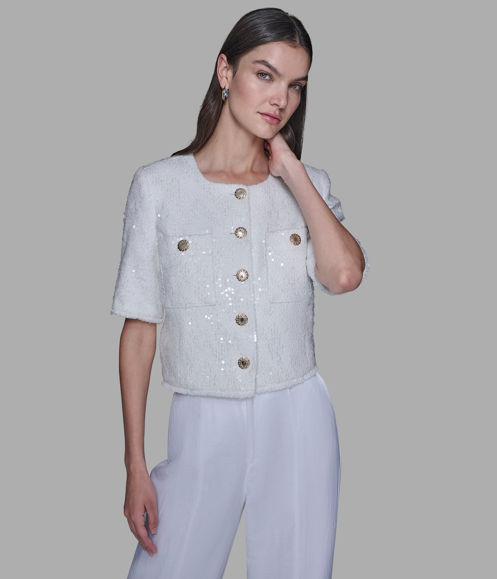 SHORT SLEEVE SHIMMER TWEED JACKET View 1 | Jackets & Coats