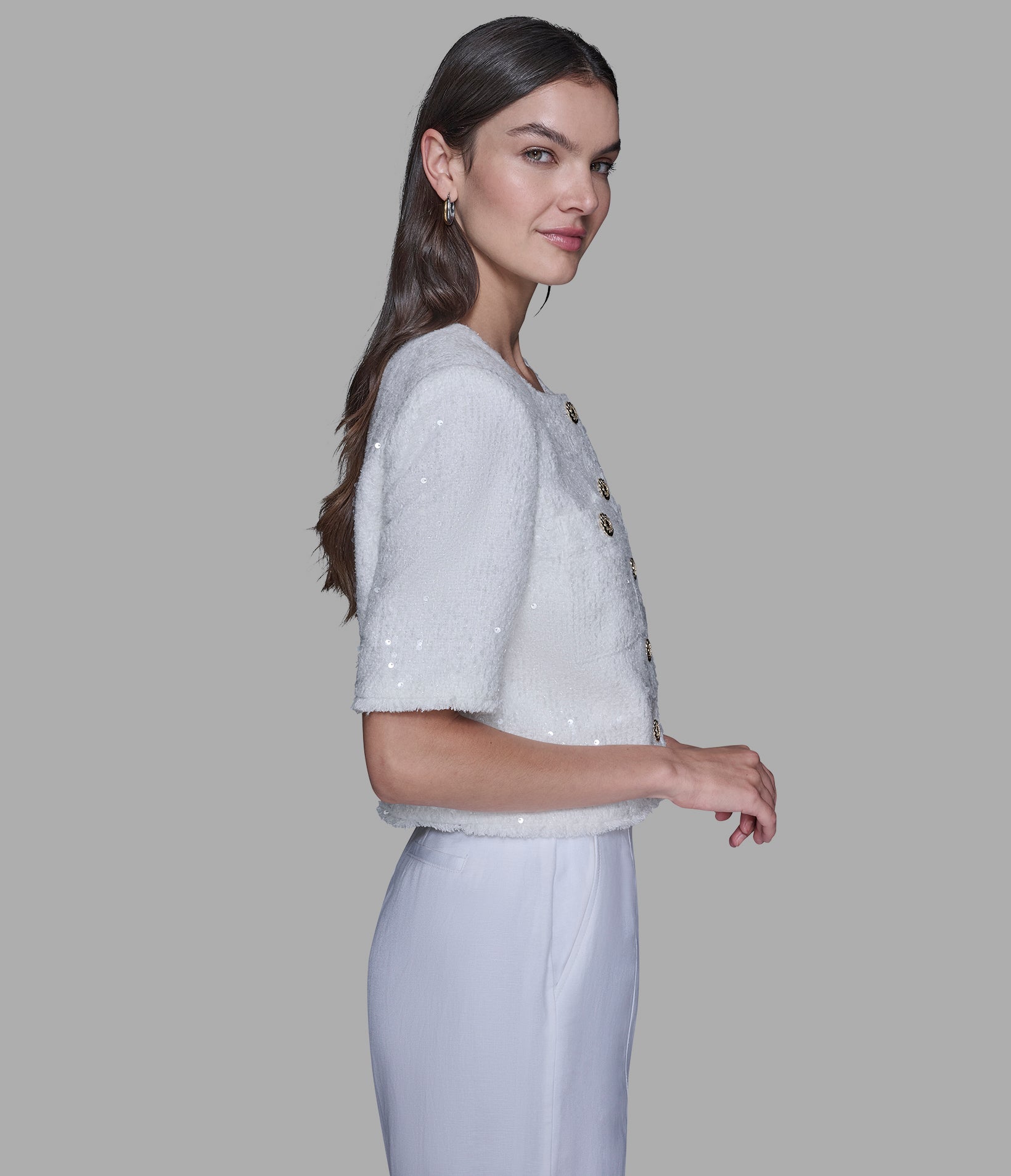 SHORT SLEEVE SHIMMER TWEED JACKET View 2 | Jackets & Coats