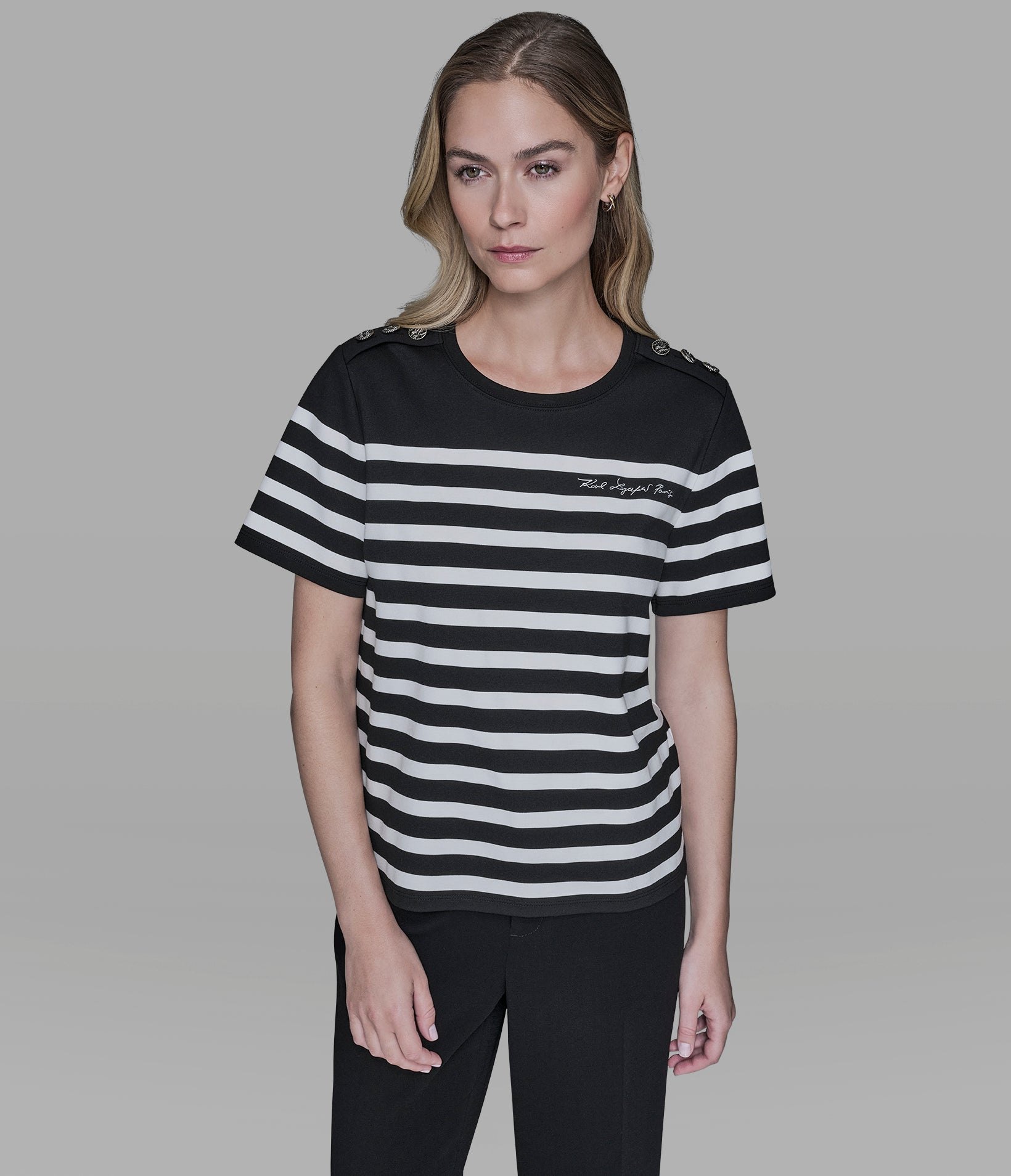 SHORT SLEEVE STRIPED KARL TEE View 1 | Women's Clothing Sale
