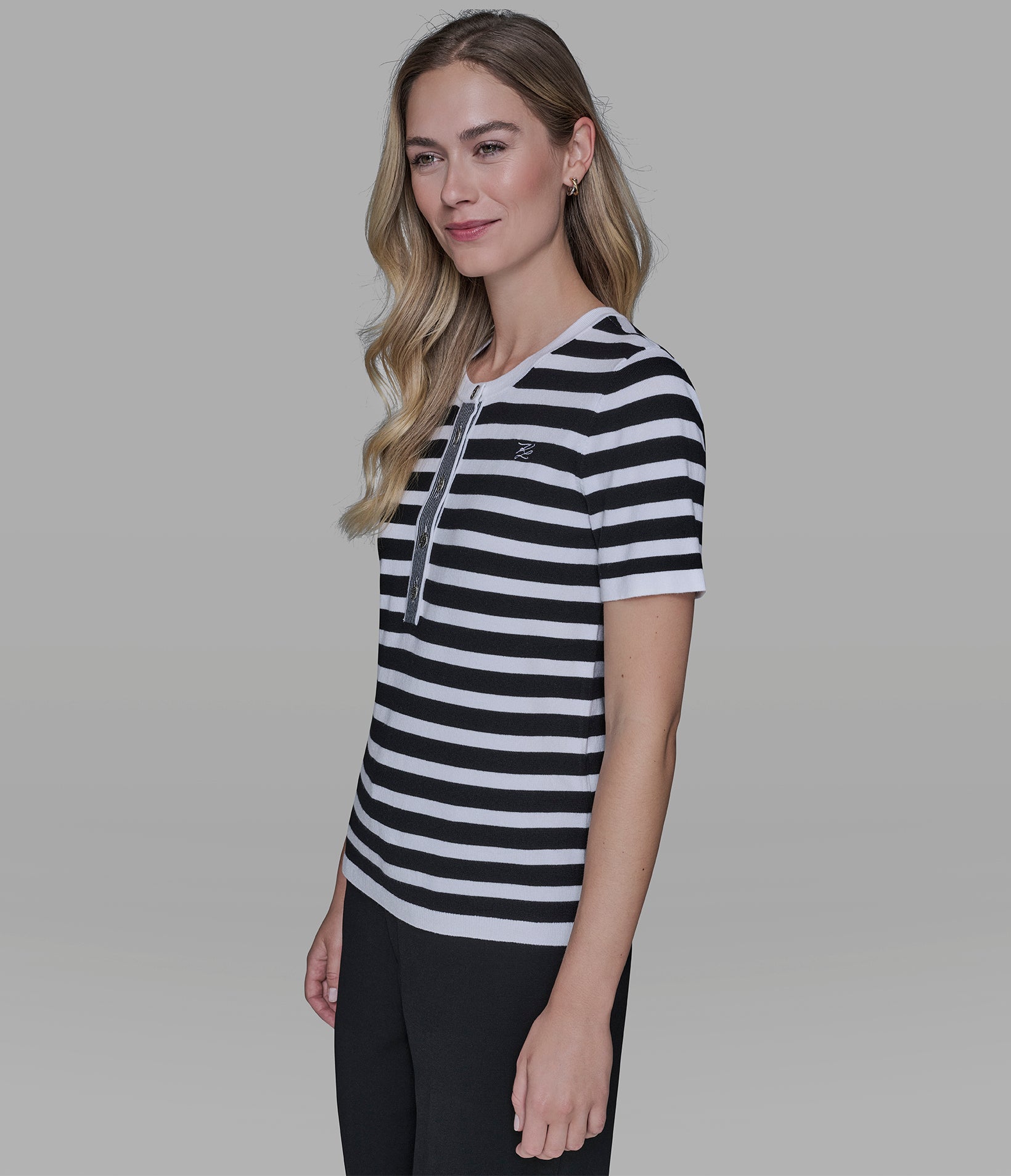 SHORT SLEEVE HENLEY STRIPED SWEATER VIEW 3 | New Arrivals