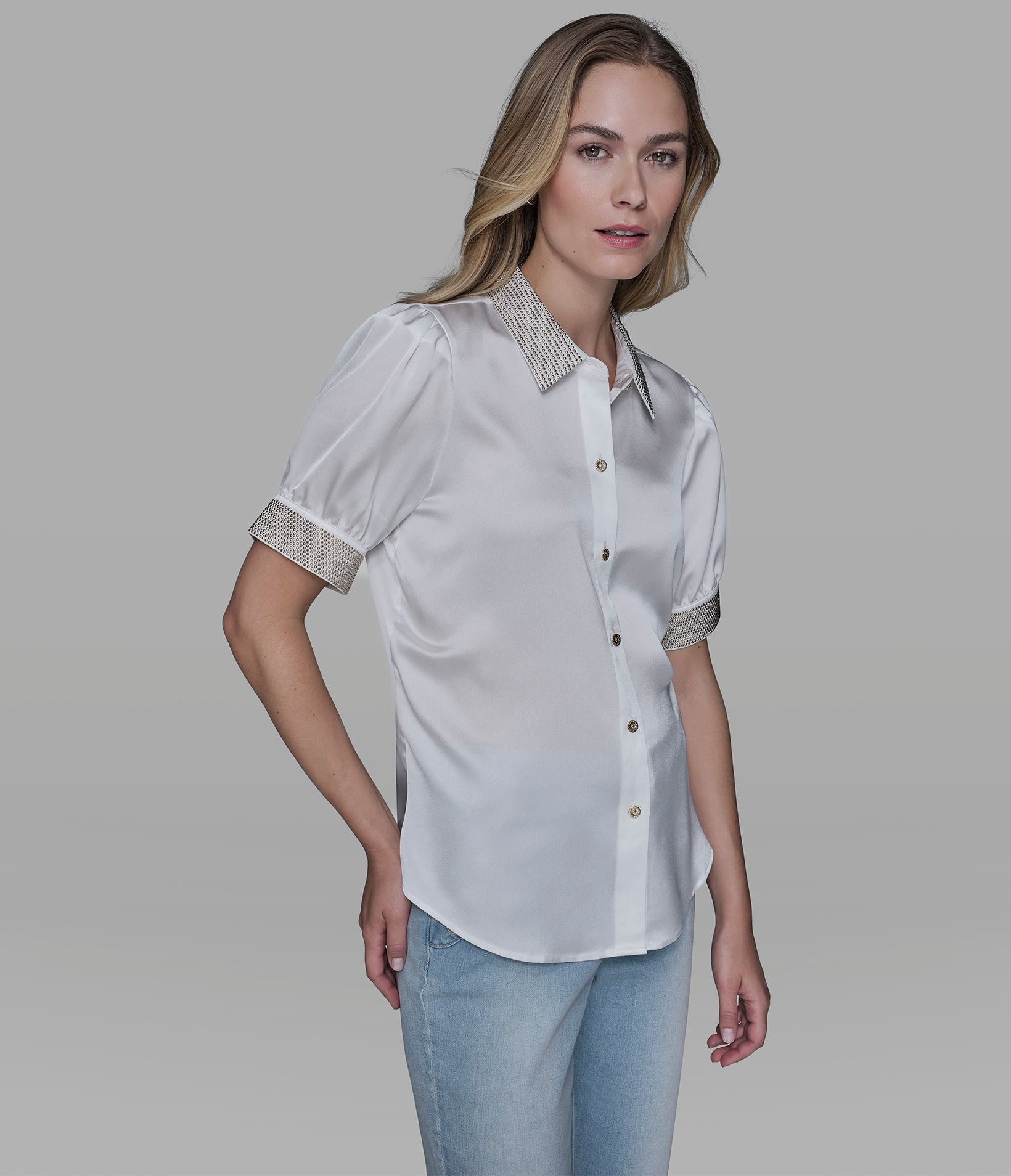 BEADED TRIM BUTTON FRONT BLOUSE VIEW 3 | Women's Spring Collection