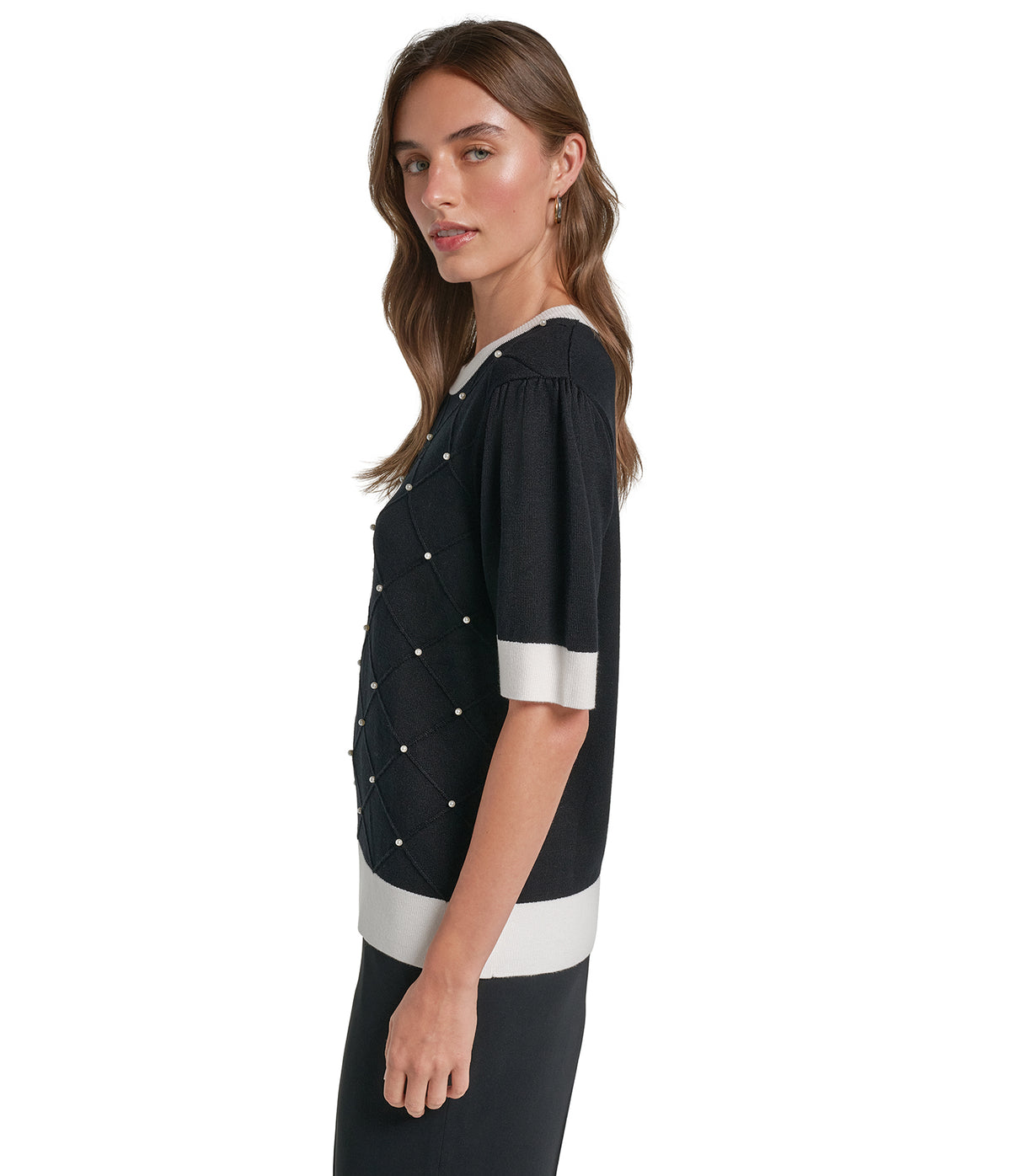 SHORT SLEEVE SWEATER WITH EMBOSSED PEARLS VIEW 3