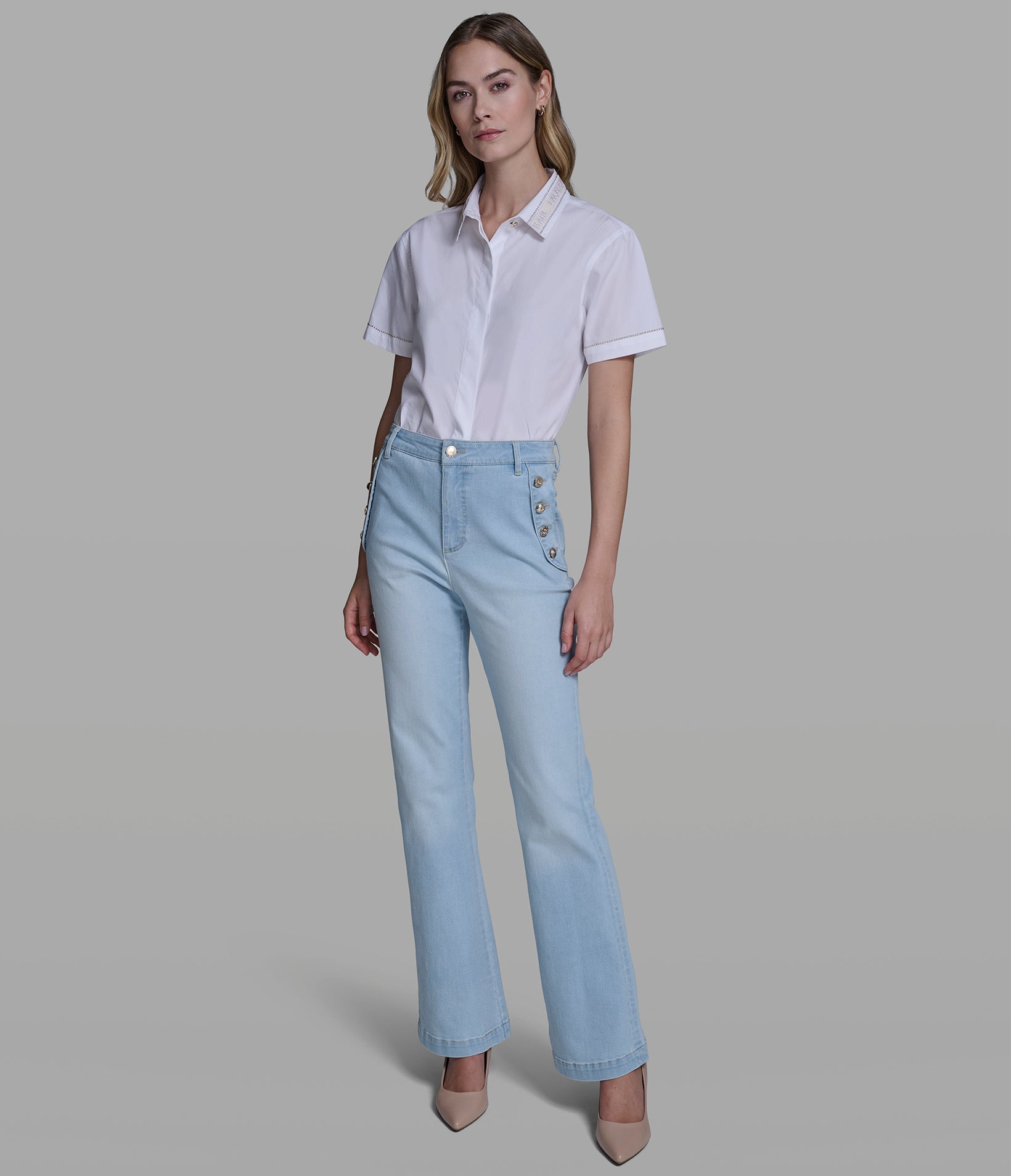 Mid Rise Cotton Blend Sailor Pocket Flare Jean | Denim | Karl