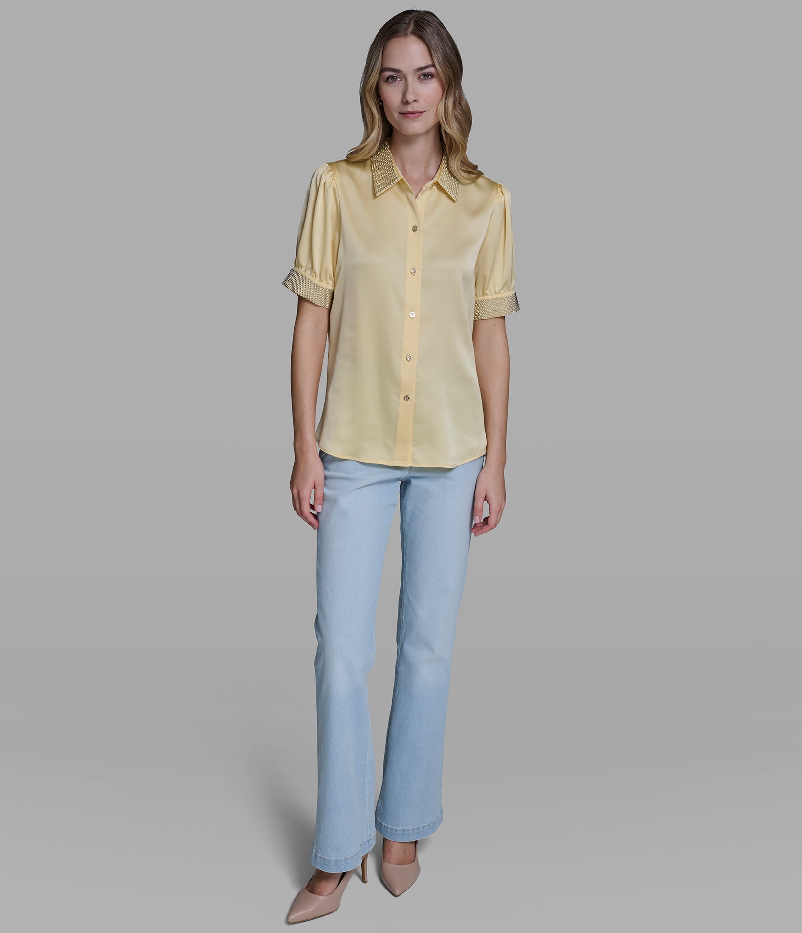 BEADED TRIM BUTTON FRONT BLOUSE VIEW 4