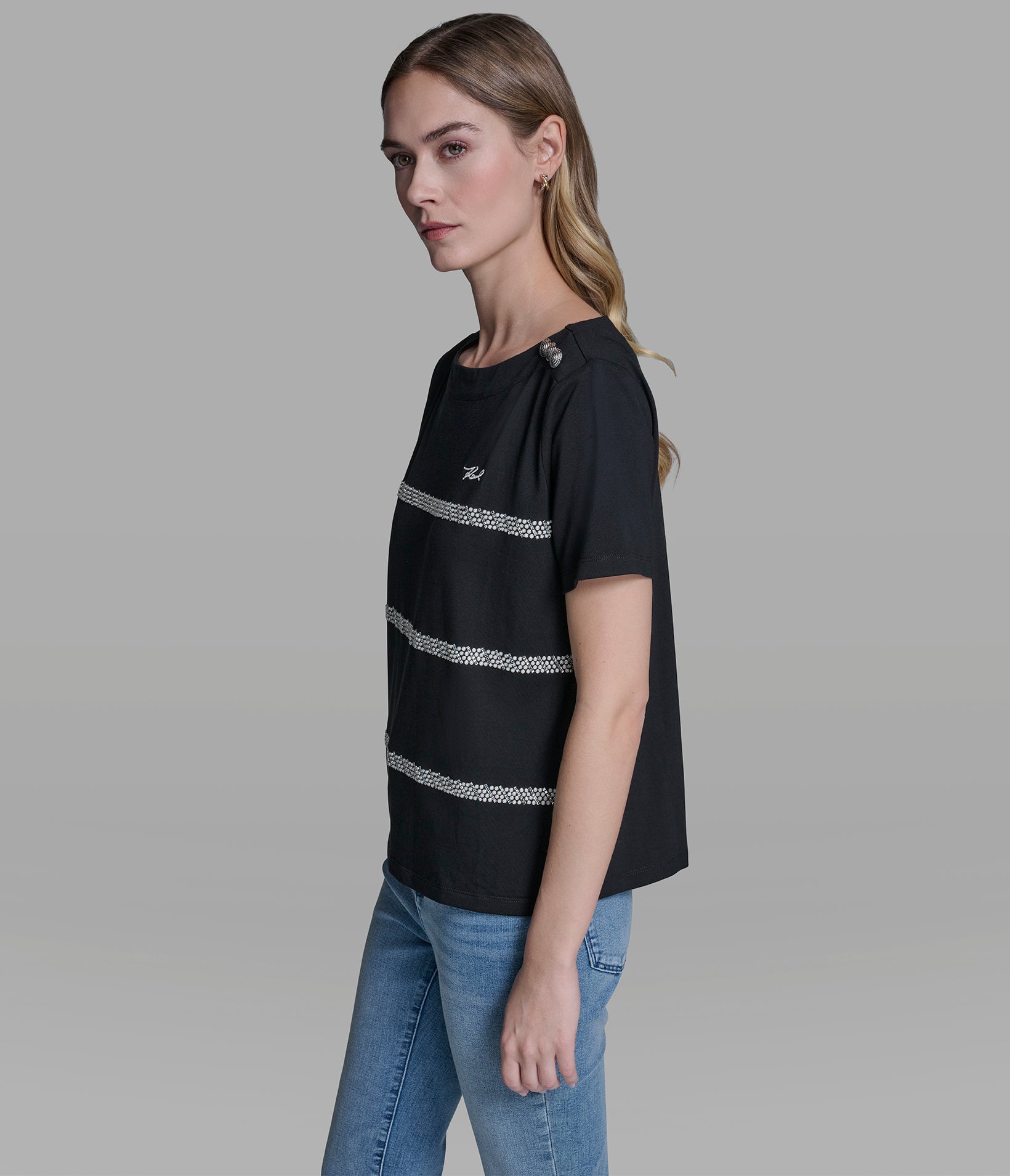 KARL SCRIPT TEE WITH PEARL TRIM VIEW 3 | Women's Clothing