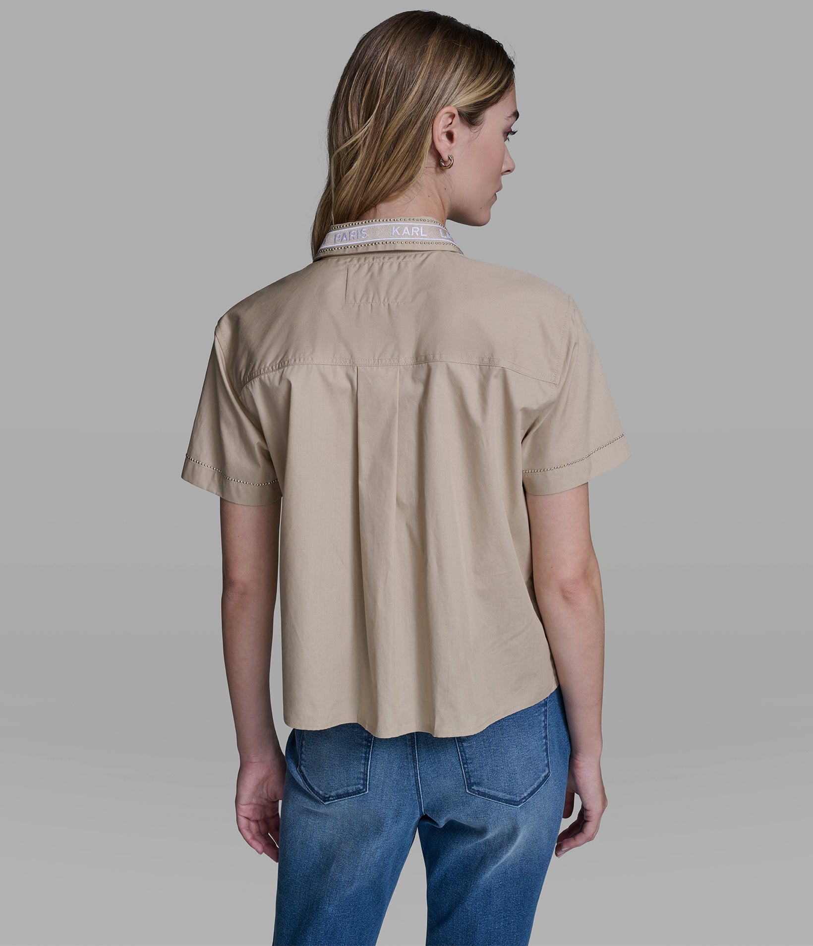SHORT SLEEVE POPLIN SHIRT WITH EMBELLISHED TRIM View 2 | New Arrivals