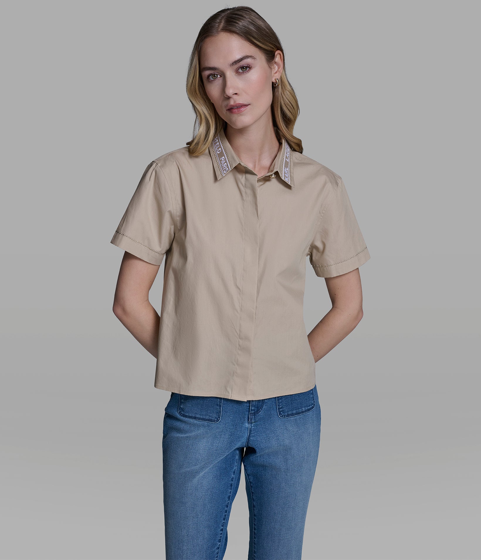 SHORT SLEEVE POPLIN SHIRT WITH EMBELLISHED TRIM View 1 | New Arrivals