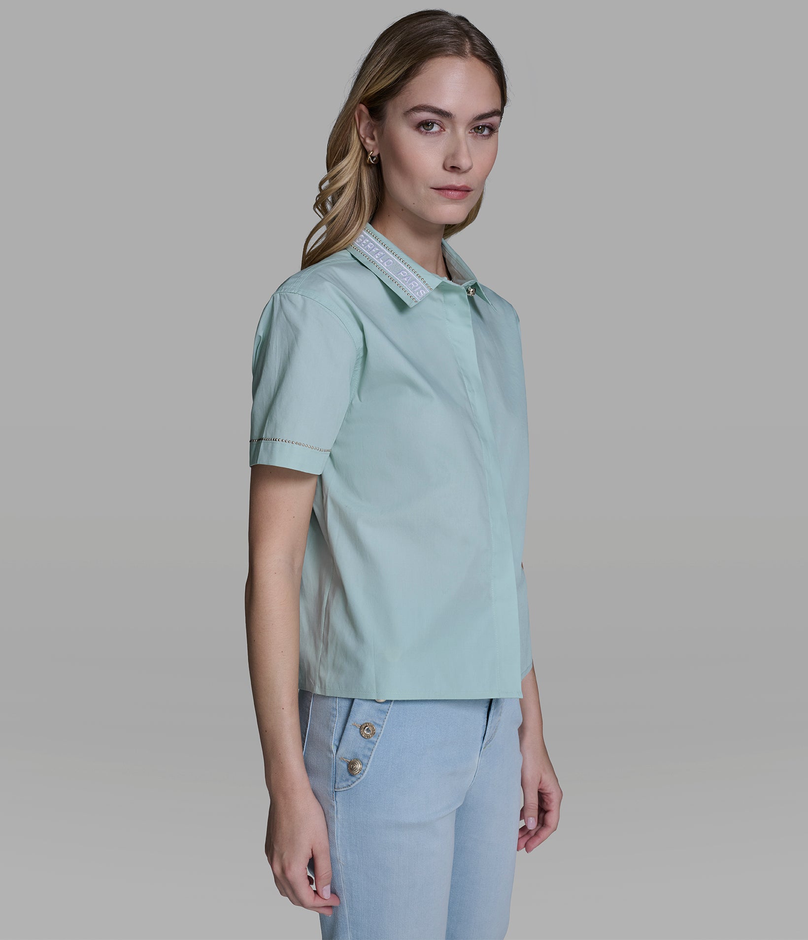 SHORT SLEEVE POPLIN SHIRT WITH EMBELLISHED TRIM VIEW 3 | New Arrivals