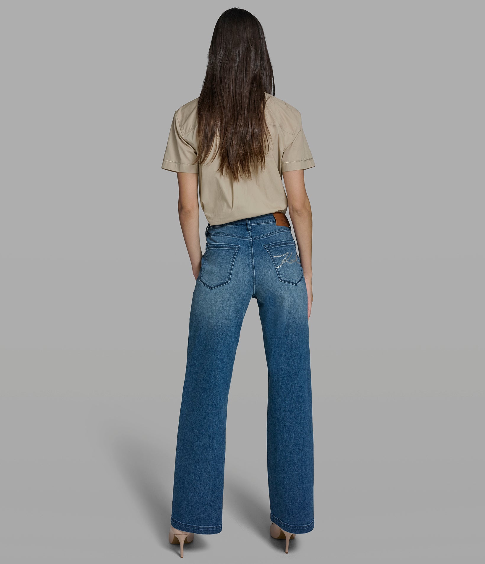 Mid Rise Cotton Blend Crystal Logo Large Pocket Wide Leg Jean