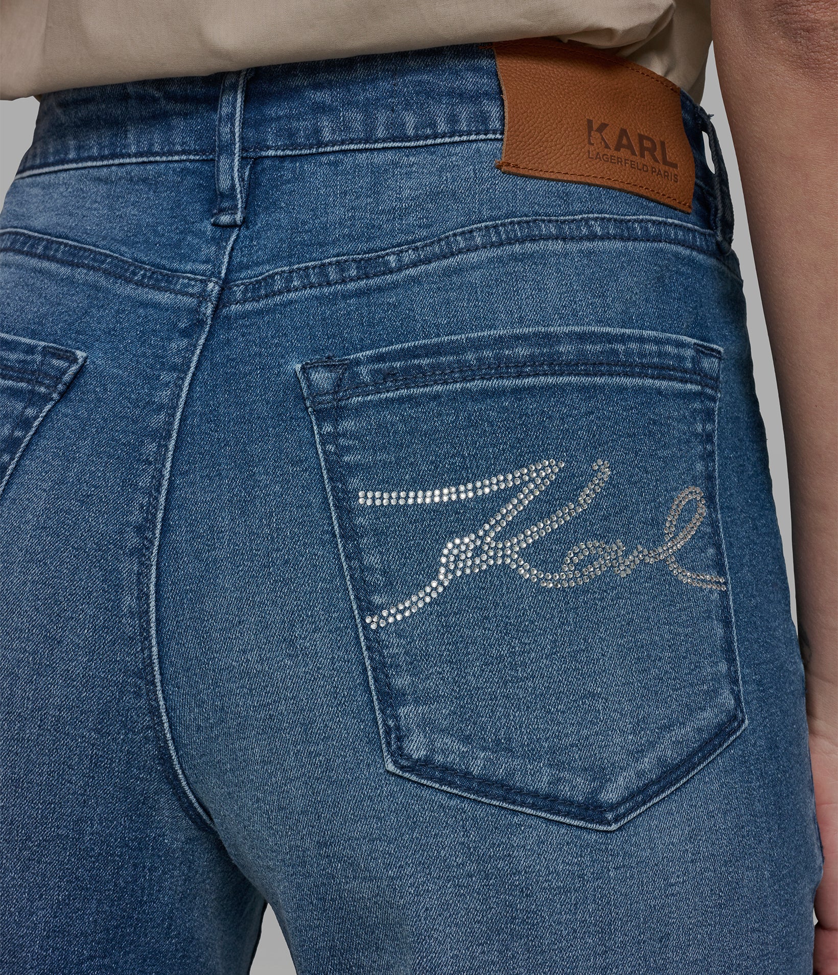 Mid Rise Cotton Blend Crystal Logo Large Pocket Wide Leg Jean