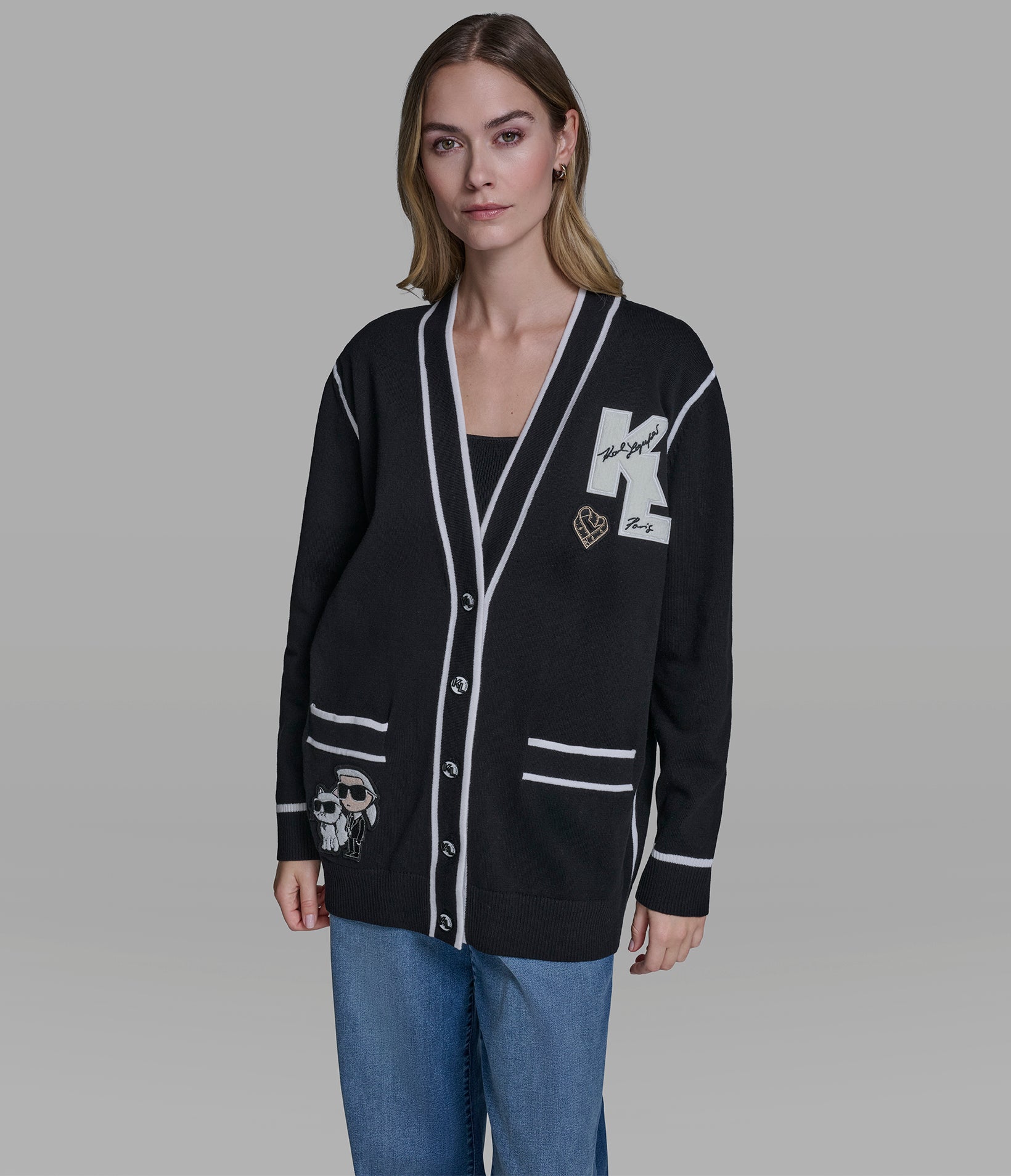 LONG SLEEVE VARSITY PATCH CARDIGAN View 1 | New Women's Clothing