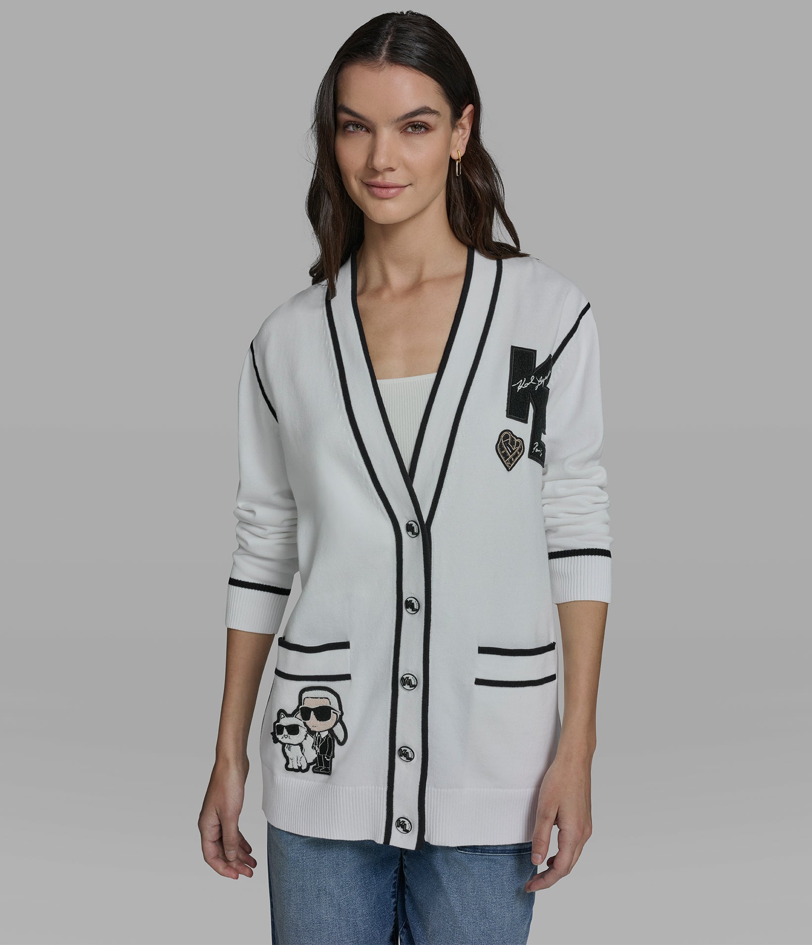 Karl Et Choupette Patch Varsity Cardigan | Sweaters & Tops | Karl