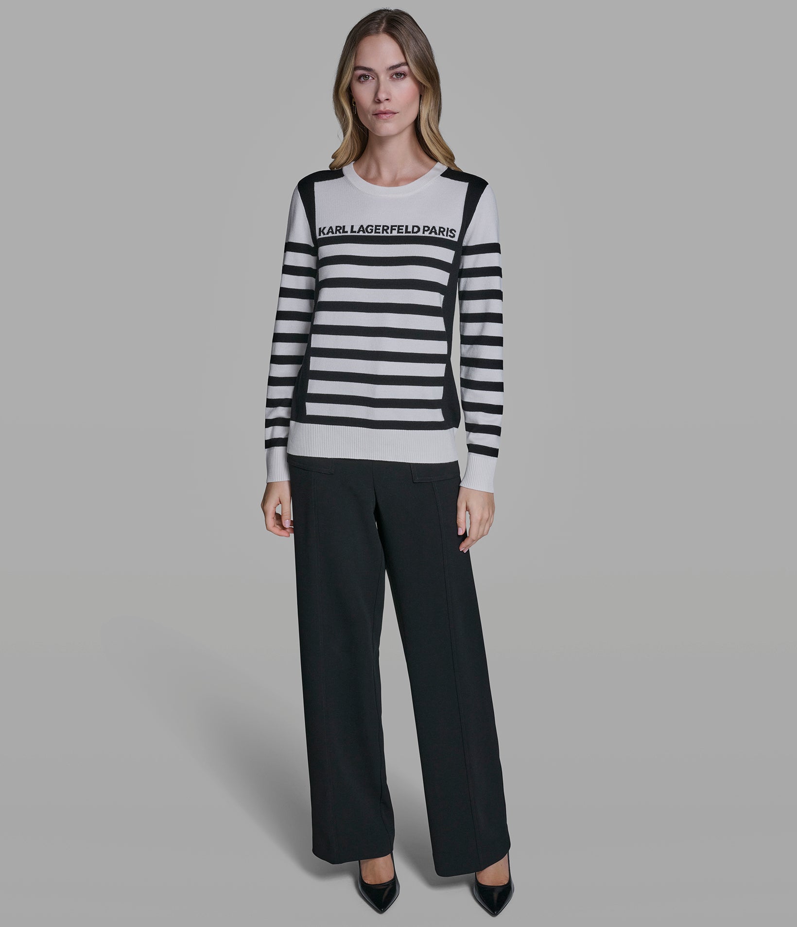 LONG SLEEVE STRIPED LOGO SWEATER VIEW 4 | Women's Clothing