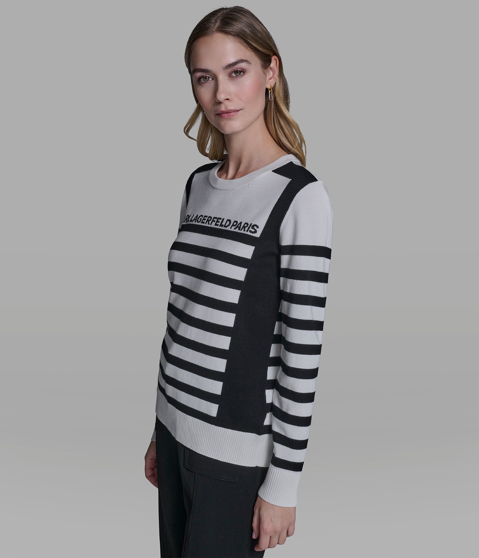 LONG SLEEVE STRIPED LOGO SWEATER VIEW 3 | Women's Clothing