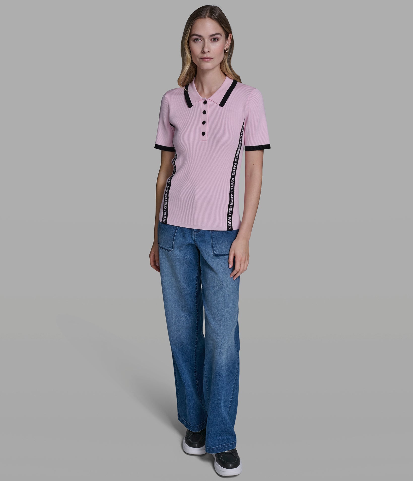 SHORT SLEEVE LOGO TRIM POLO SWEATER VIEW 5 | Women's Tops & Sweaters