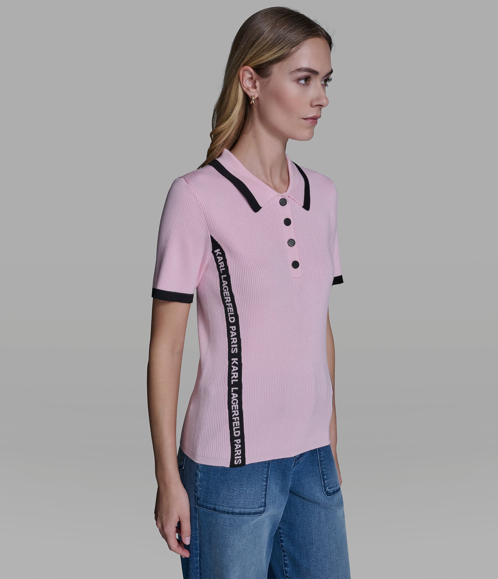 SHORT SLEEVE LOGO TRIM POLO SWEATER View 2 | Women's Tops & Sweaters