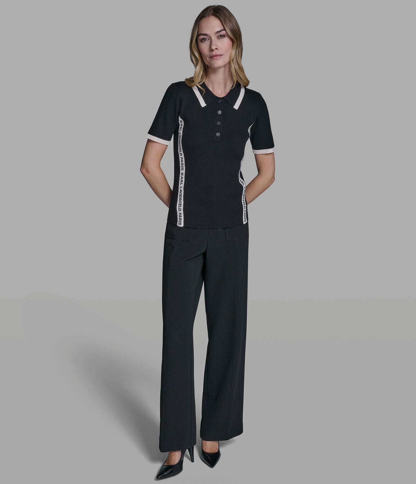 SHORT SLEEVE LOGO TRIM POLO SWEATER VIEW 4 | Women's Tops & Sweaters