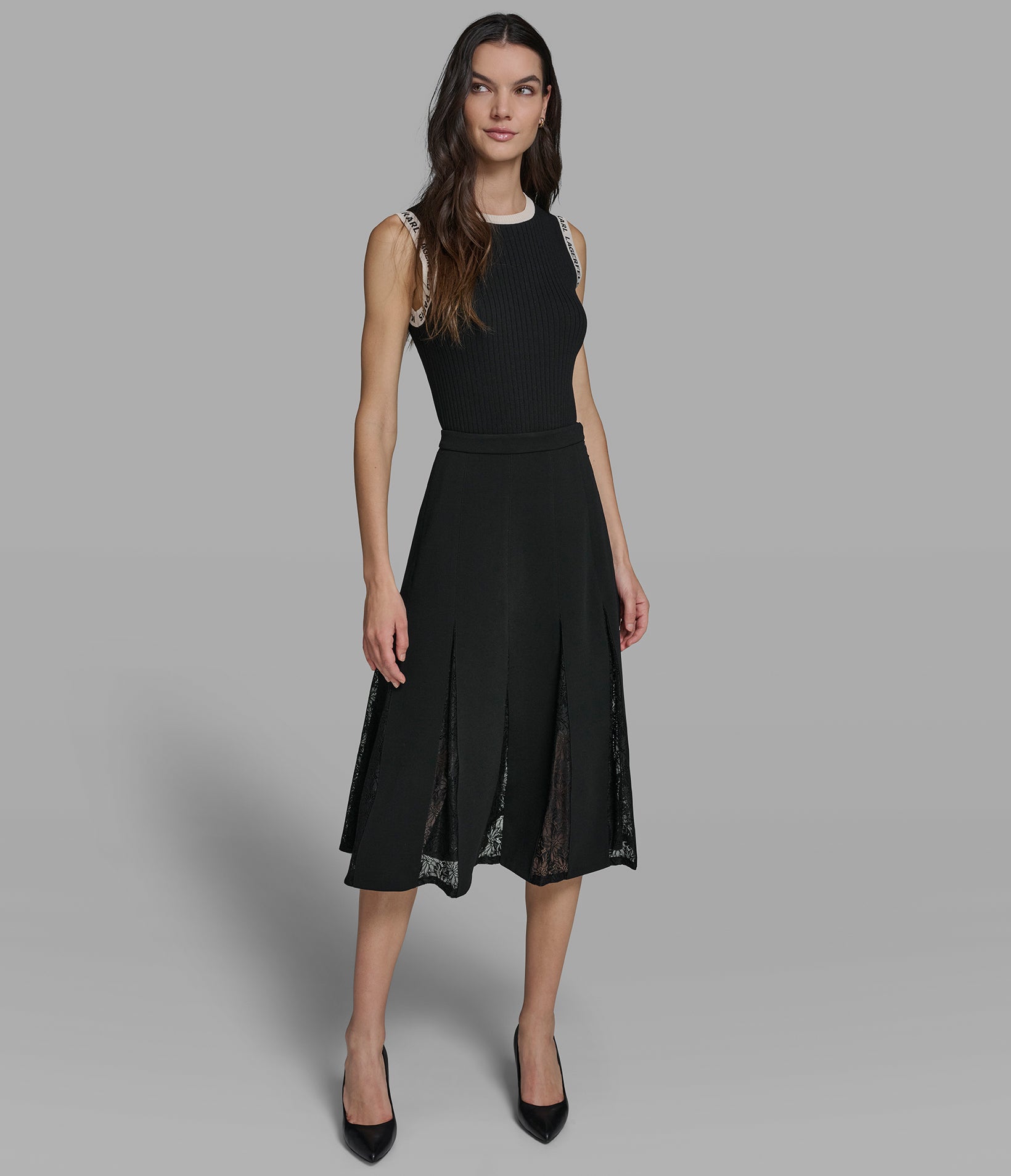 LACE PANELED PLEATED MIDI SKIRT View 1 | Women's Pants & Skirts