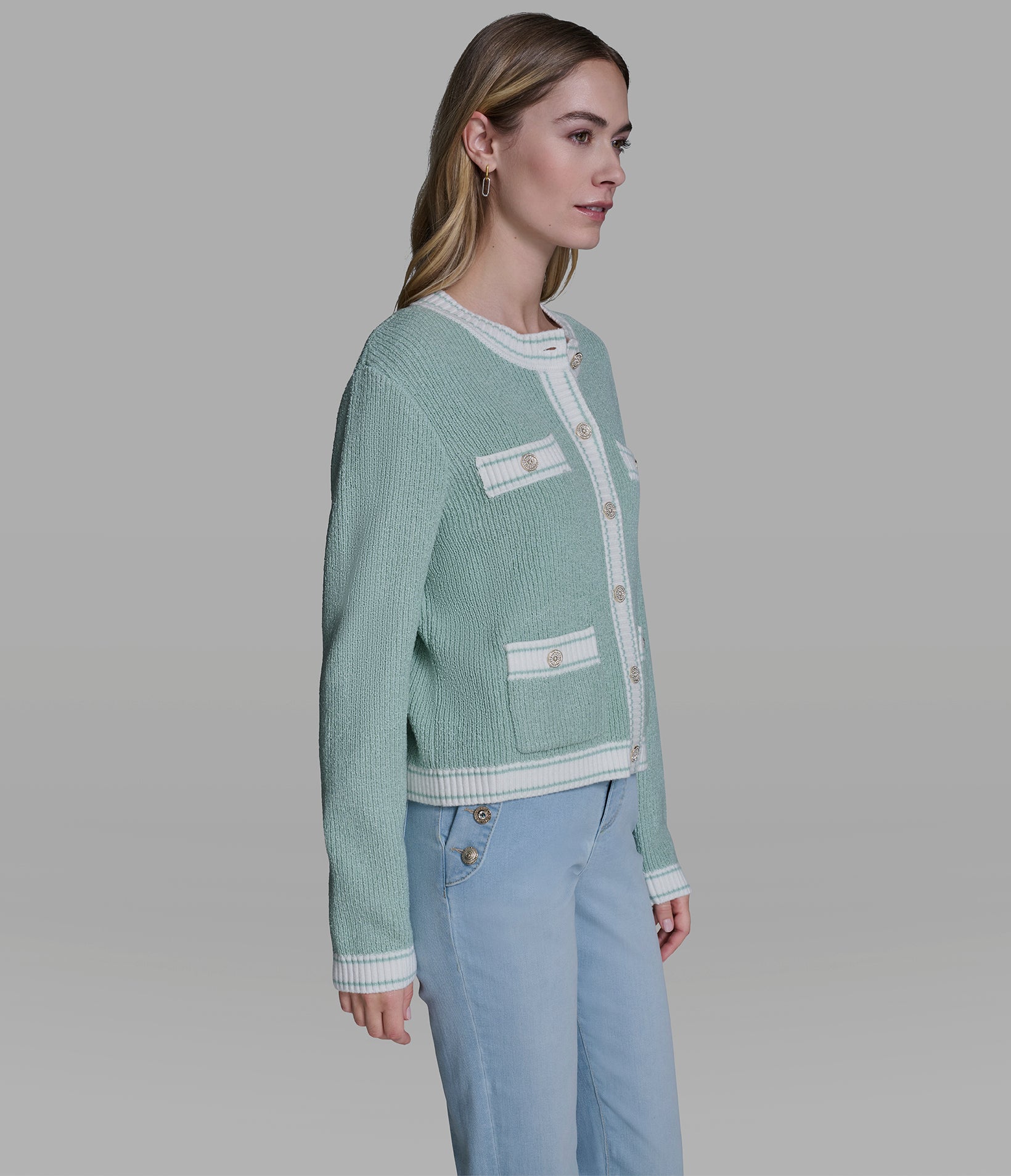 TEXTURED CONTRAST TRIM CARDIGAN VIEW 3 | New Arrivals