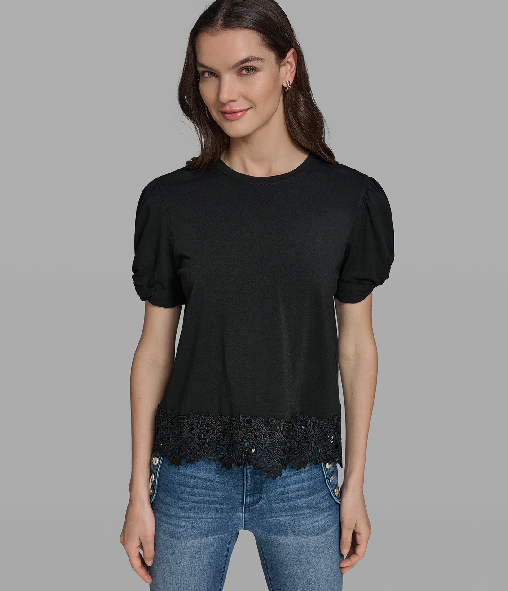 LACE HEM PUFF SLEEVE TOP View 1 | New Arrivals