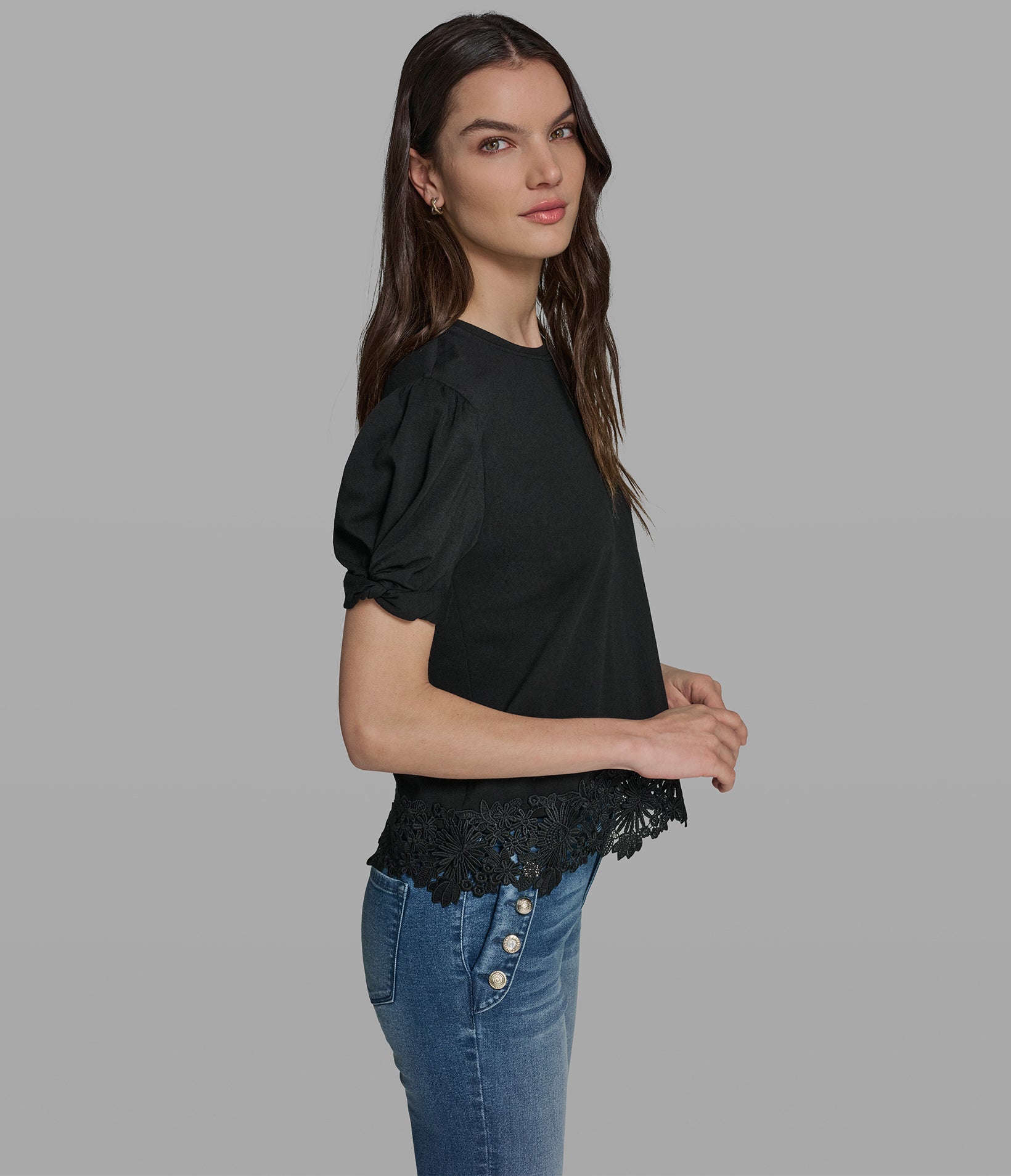 LACE HEM PUFF SLEEVE TOP VIEW 3 | New Arrivals