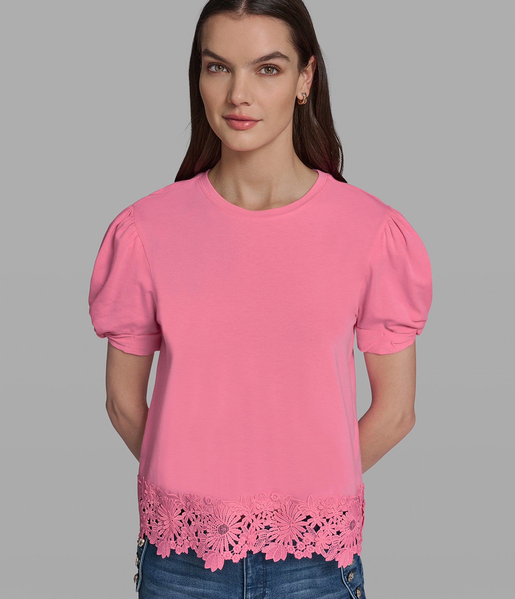 LACE HEM PUFF SLEEVE TOP View 1 | New Arrivals