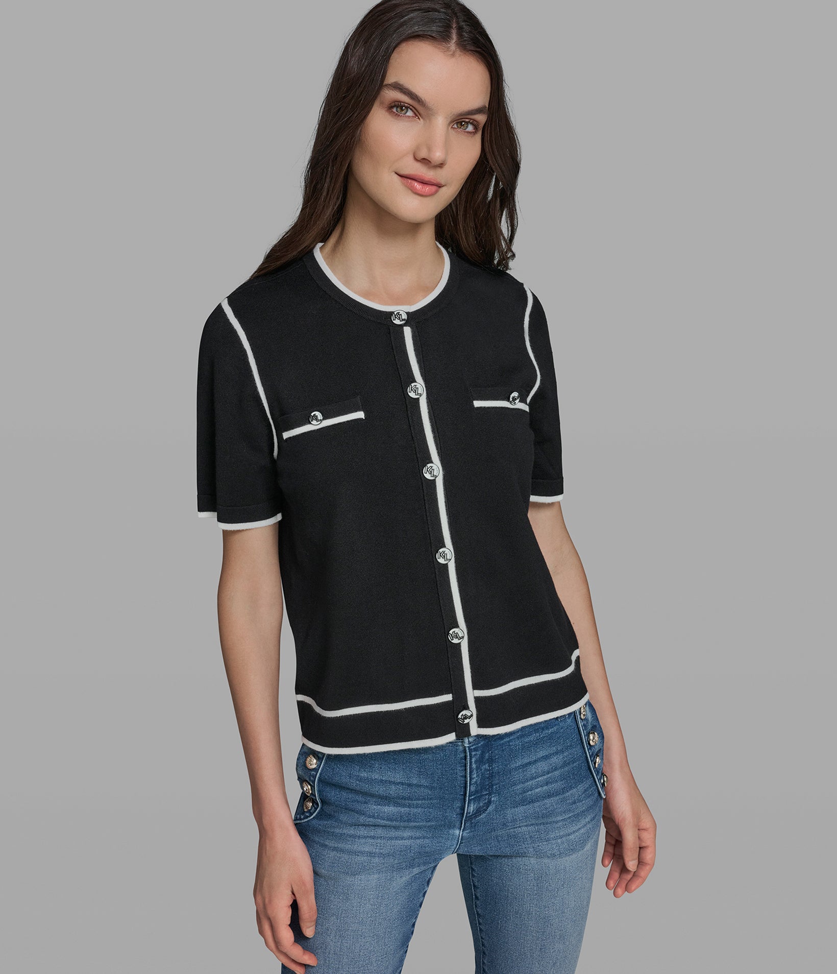 SHORT SLEEVE CARDIGAN WITH CONTRAST TRIM View 1 | New Arrivals
