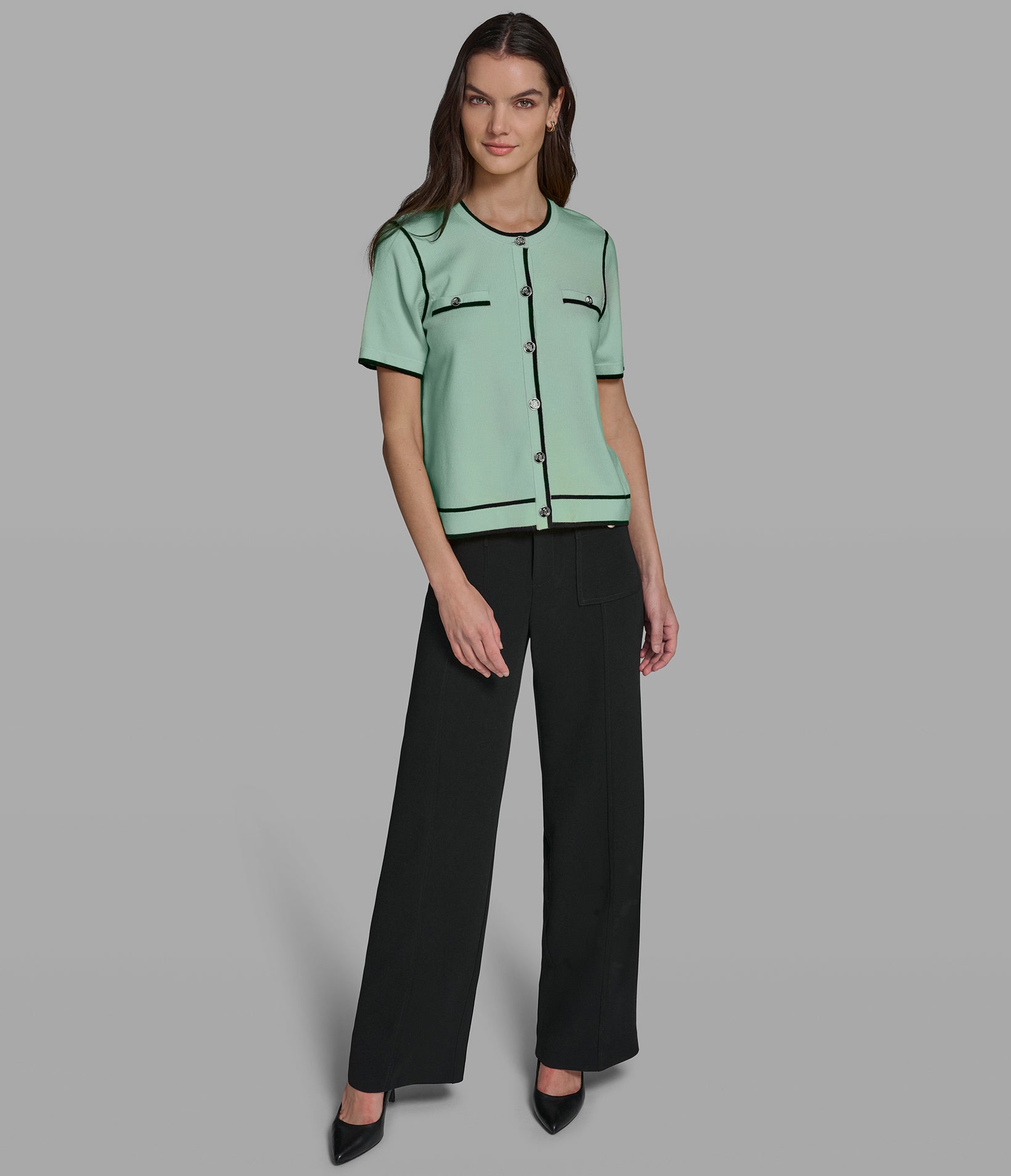 SHORT SLEEVE CARDIGAN WITH CONTRAST TRIM VIEW 4 | Women's Tops & Sweaters