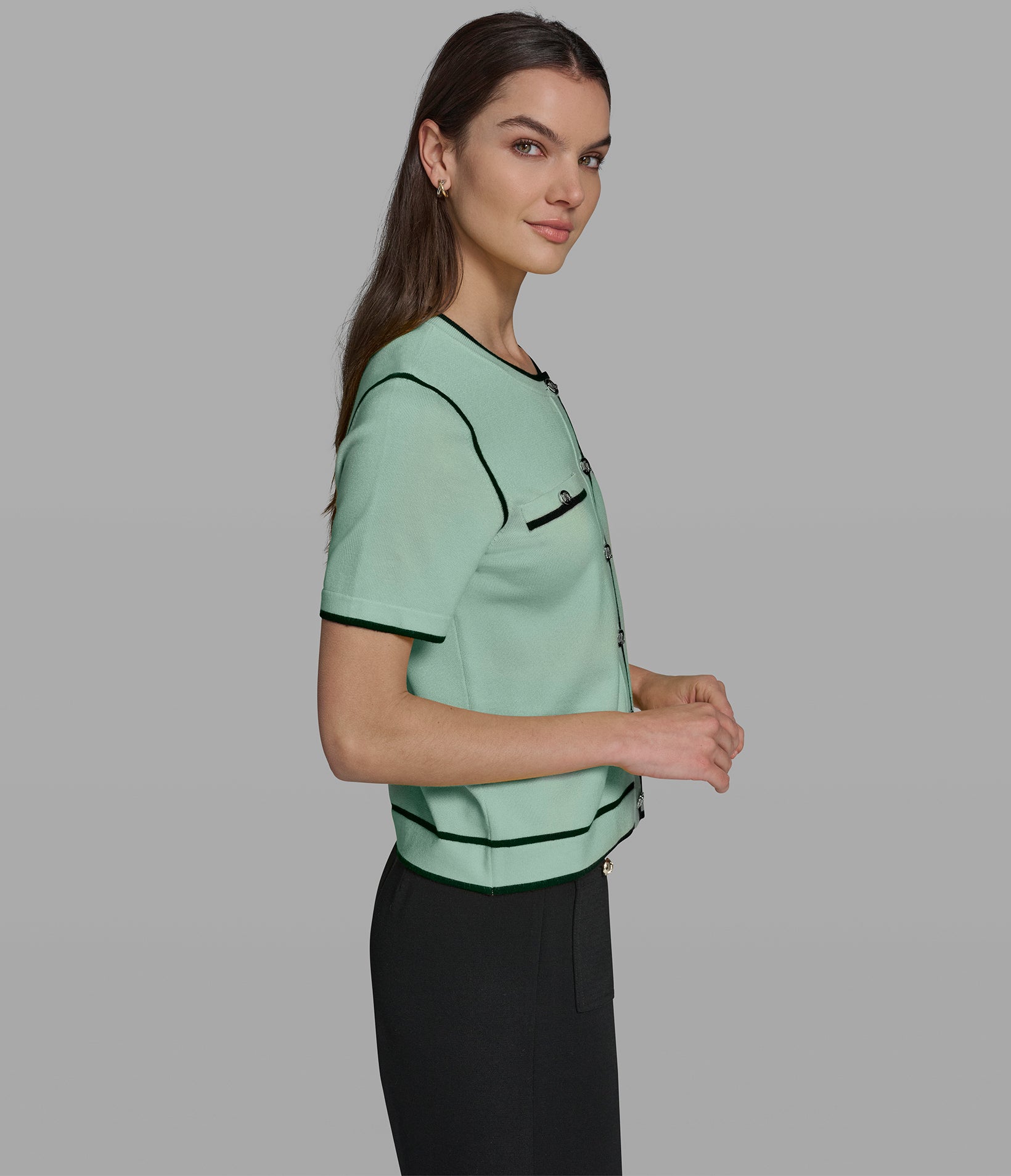 SHORT SLEEVE CARDIGAN WITH CONTRAST TRIM VIEW 3 | Women's Tops & Sweaters