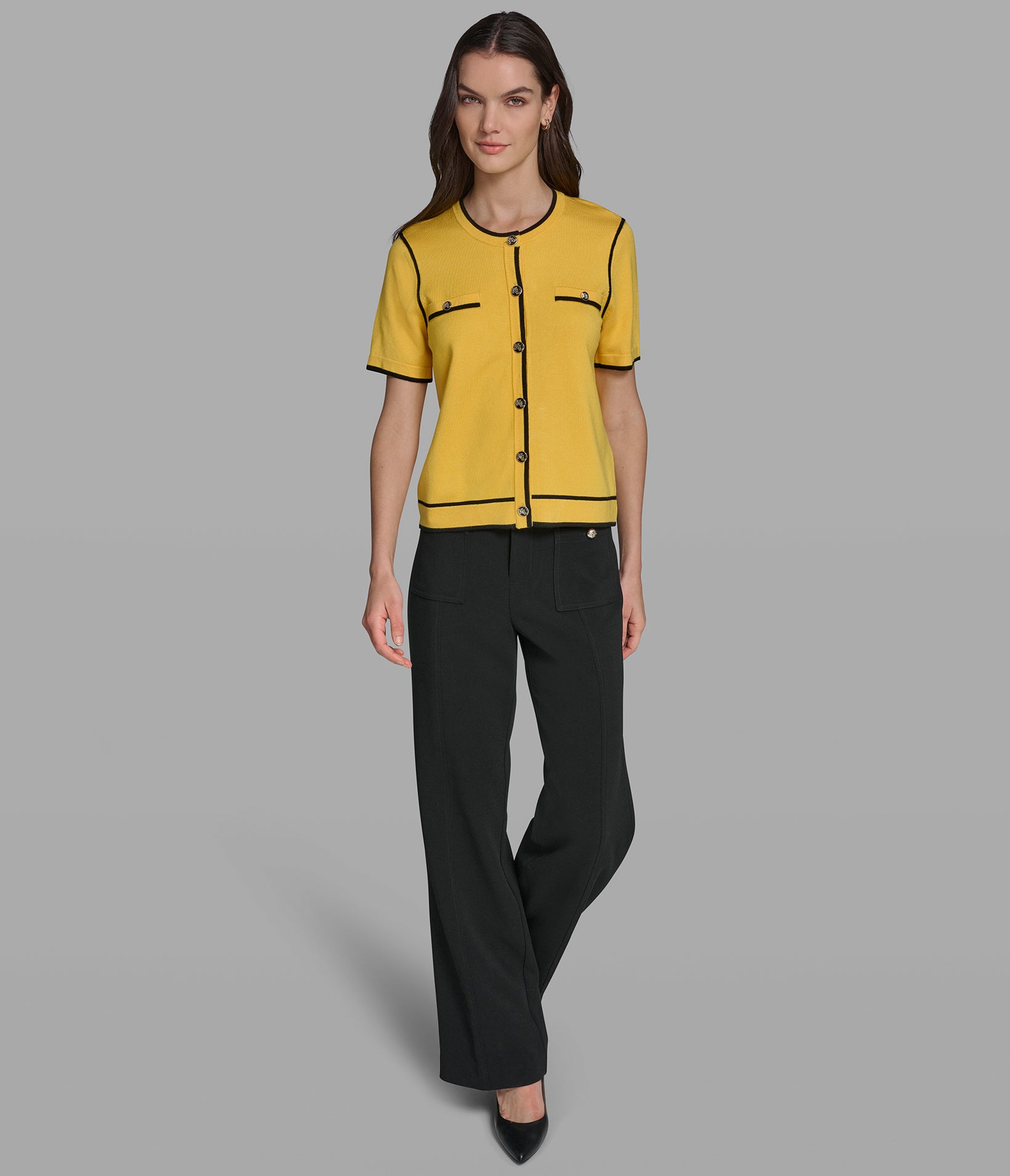 SHORT SLEEVE CARDIGAN WITH CONTRAST TRIM VIEW 5 | Women's Tops & Sweaters