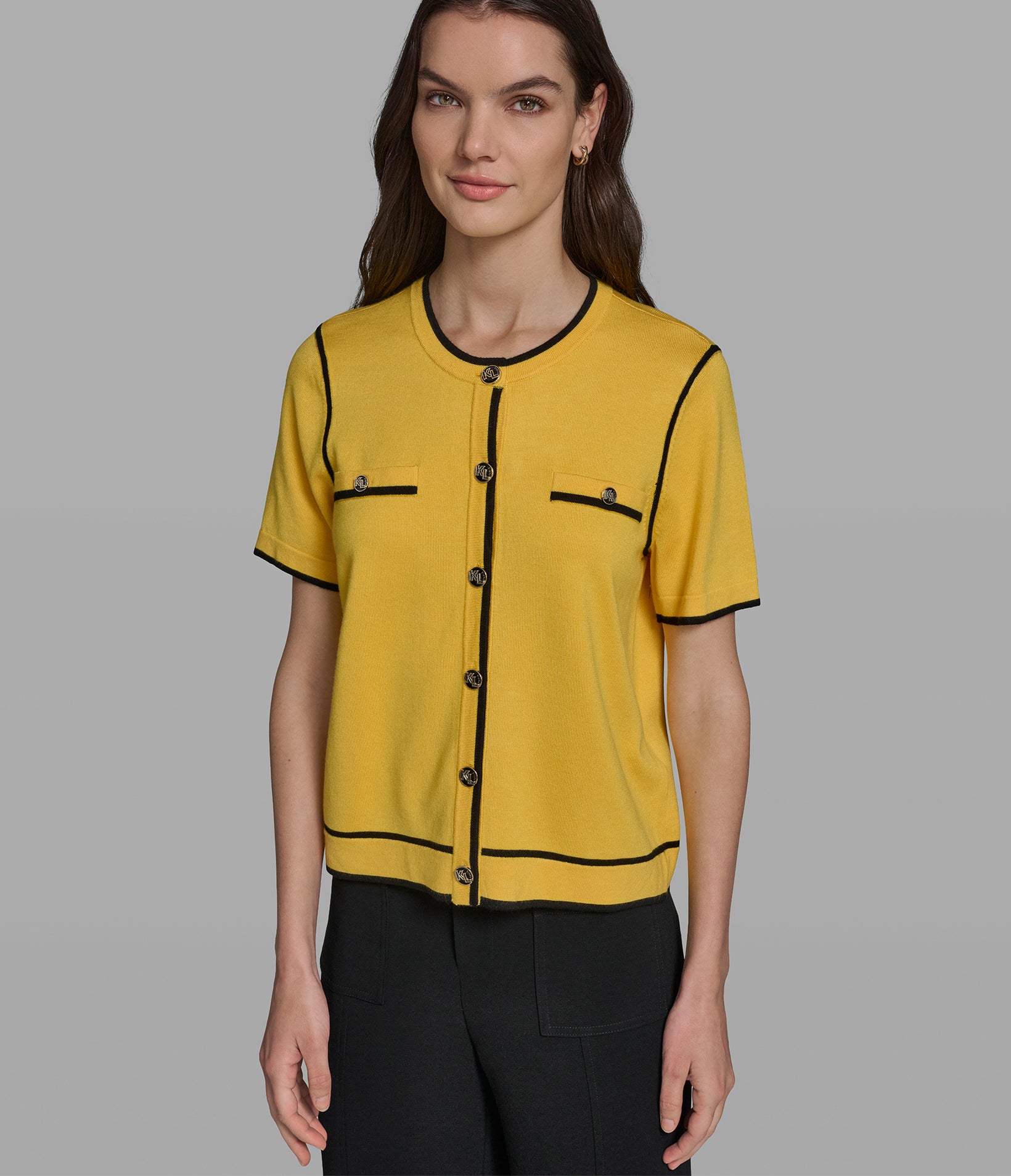 SHORT SLEEVE CARDIGAN WITH CONTRAST TRIM View 2 | Women's Tops & Sweaters