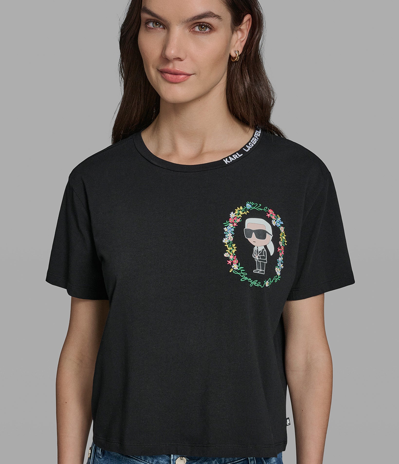 Cropped Cotton Jersey Karl Floral Tee | Karl Lagerfeld Paris