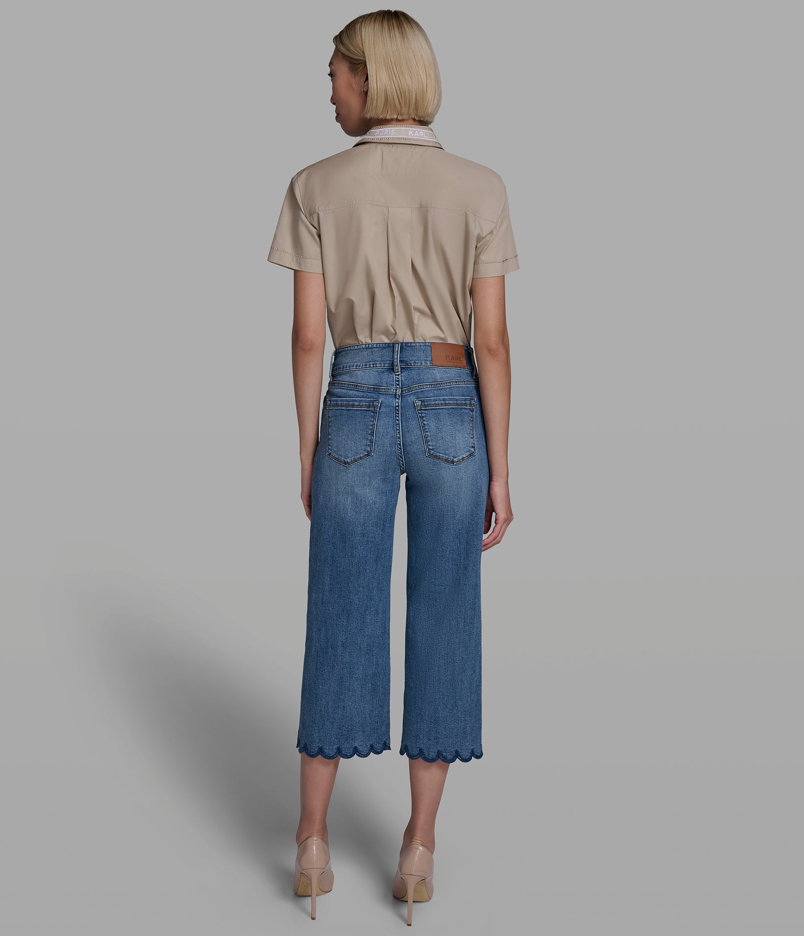 Cropped Mid Rise Cotton Blend Scallop Straight Leg Jean | Denim