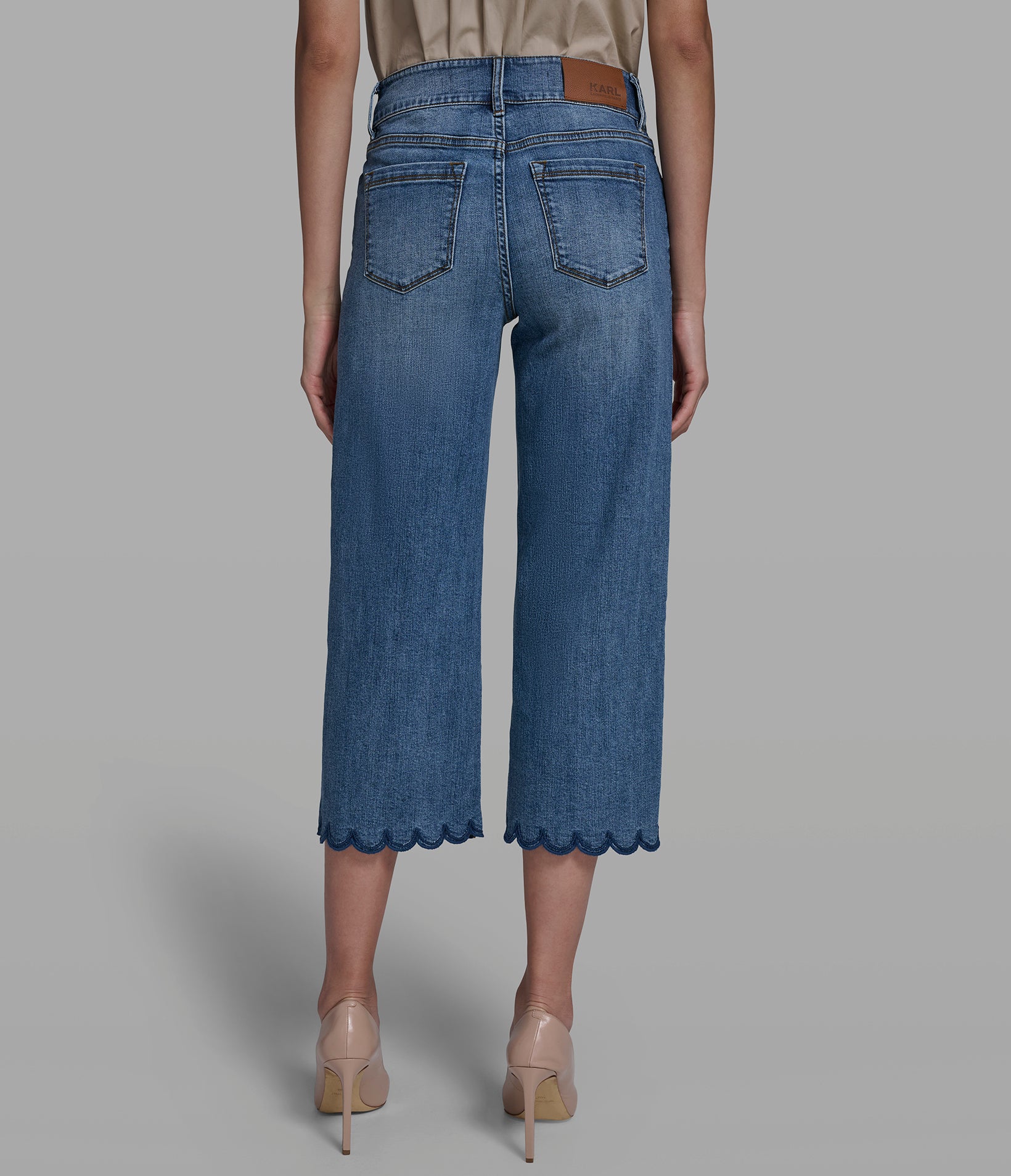Cropped Mid Rise Cotton Blend Scallop Straight Leg Jean | Denim
