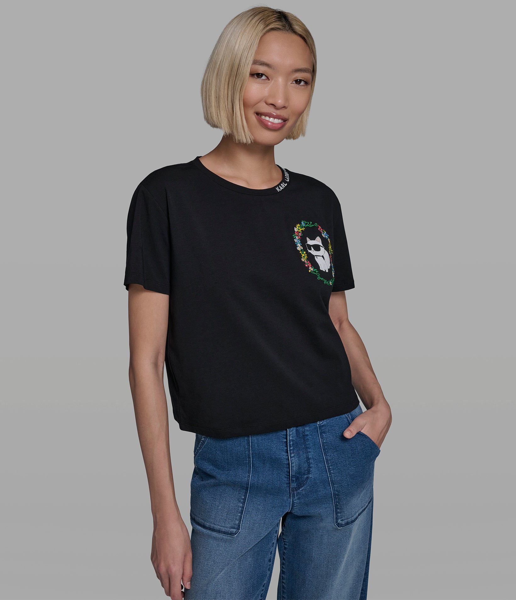 Cropped Cotton Jersey Choupette Floral Tee | Tees & Tanks | Karl