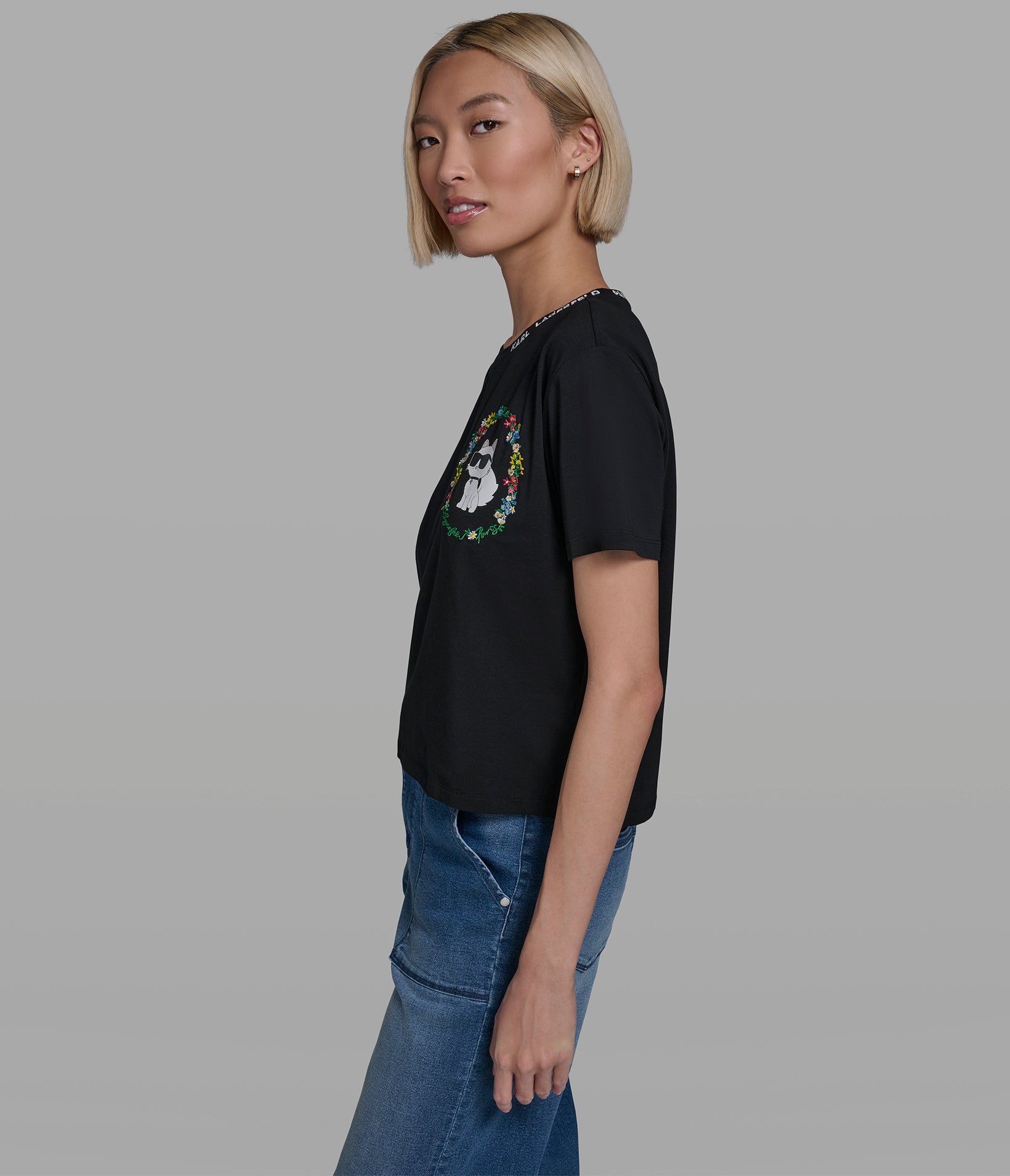 Cropped Cotton Jersey Choupette Floral Tee | Tees & Tanks | Karl