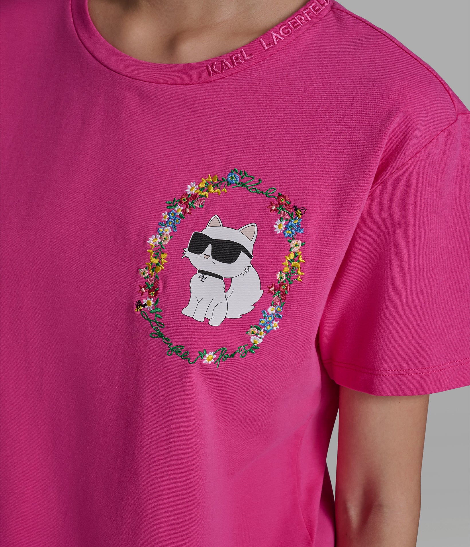 Cropped Cotton Jersey Choupette Floral Tee | Tees & Tanks | Karl