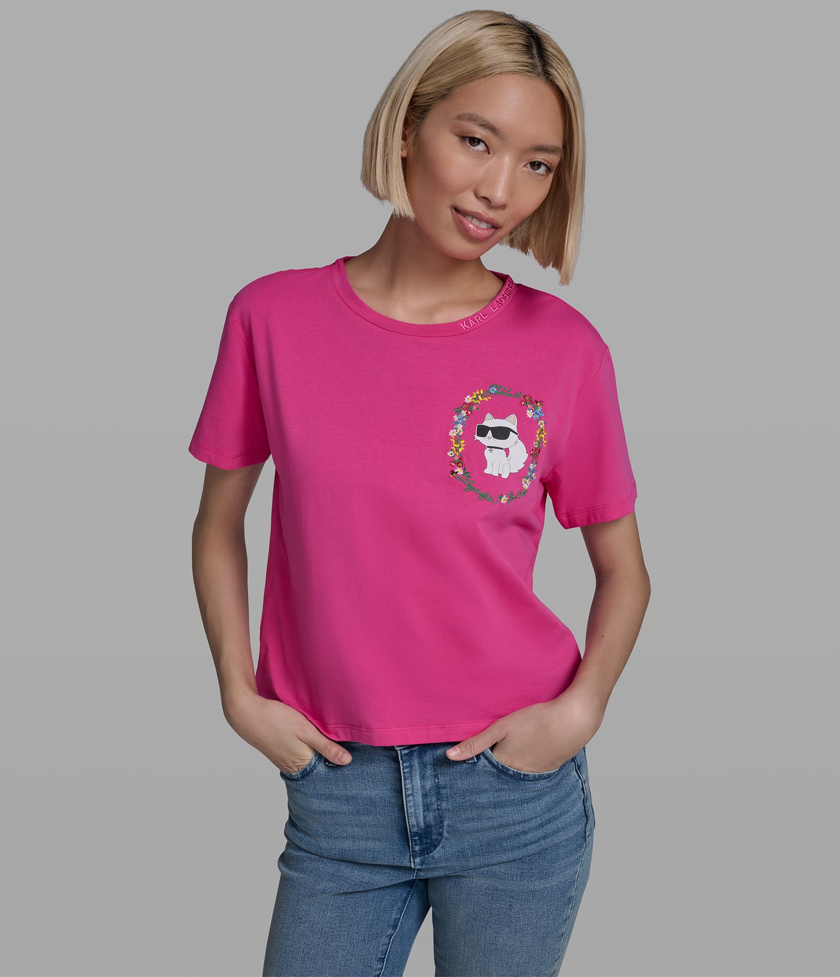 Cropped Cotton Jersey Choupette Floral Tee | Tees & Tanks | Karl