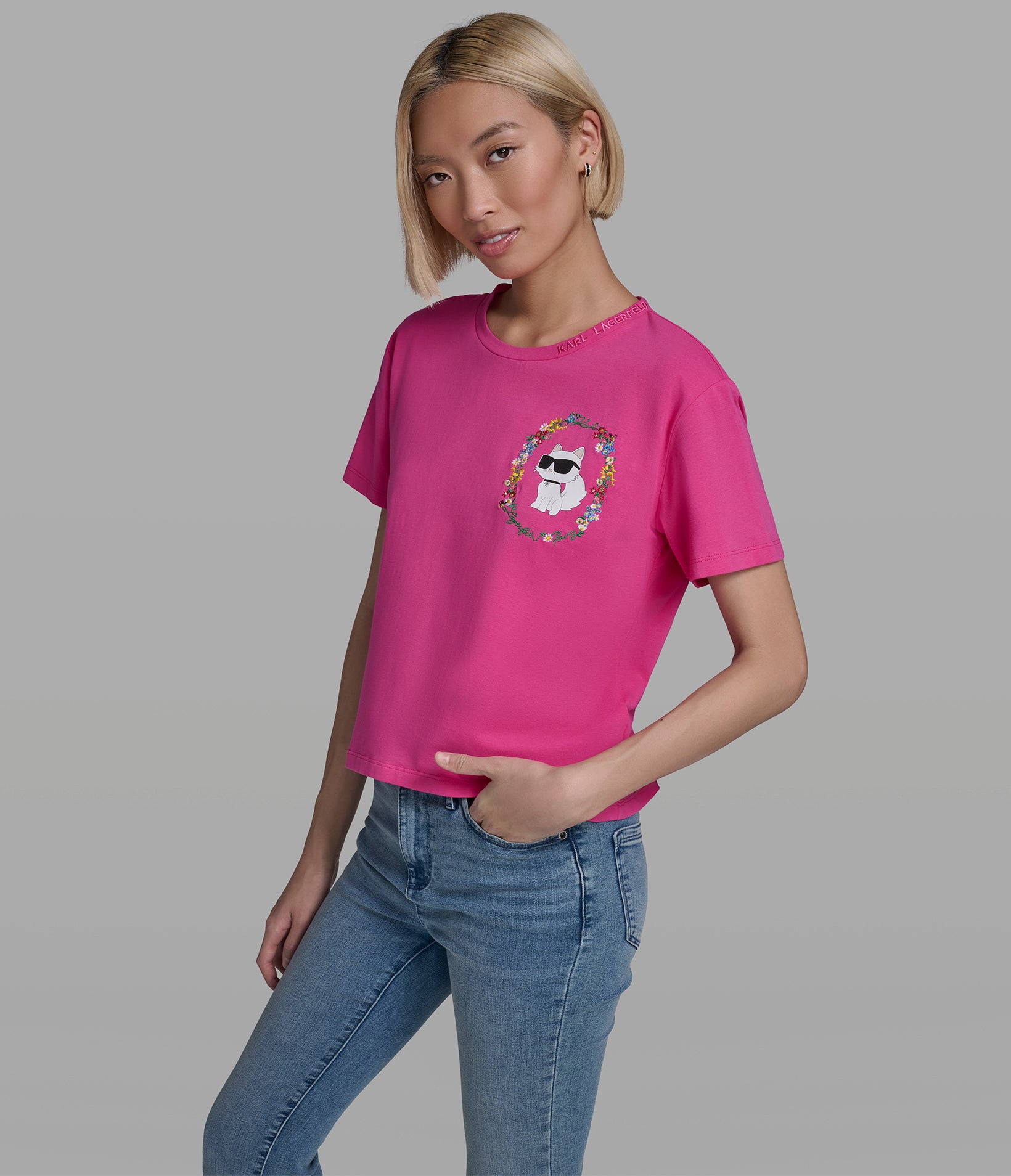 Cropped Cotton Jersey Choupette Floral Tee | Tees & Tanks | Karl