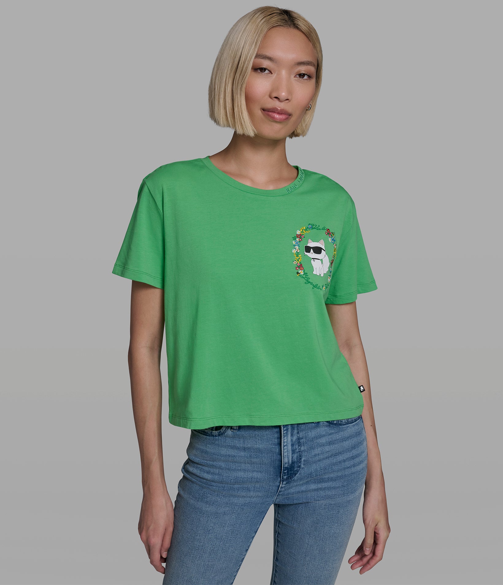 Cropped Cotton Jersey Choupette Floral Tee | Tees & Tanks | Karl