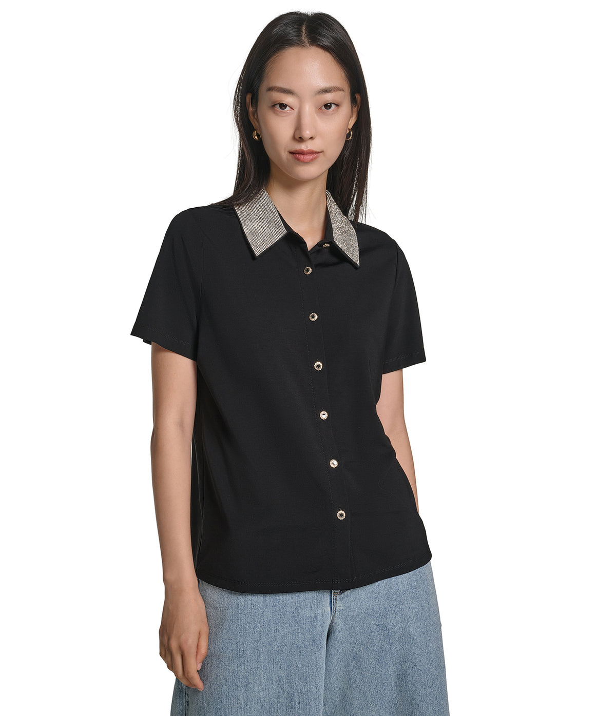 SHORT SLEEVE RHINESTONE COLLAR TOP View 2 | Holiday 2026 Collection