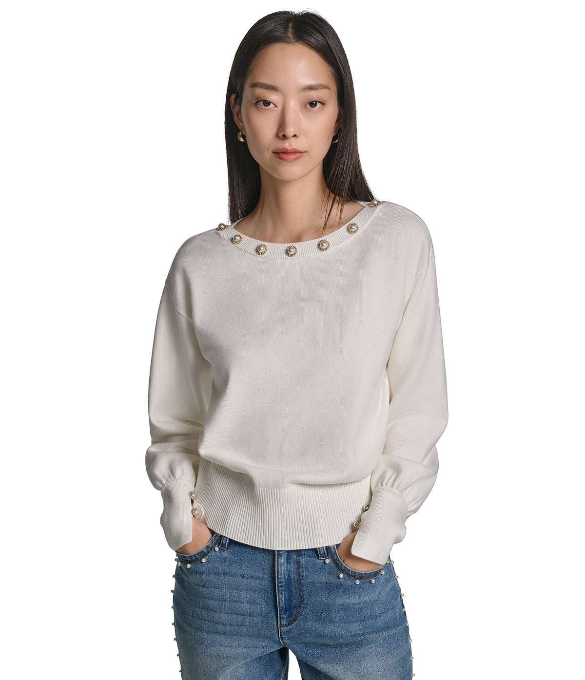 LONG SLEEVE PEARL NECK SWEATER VIEW 2