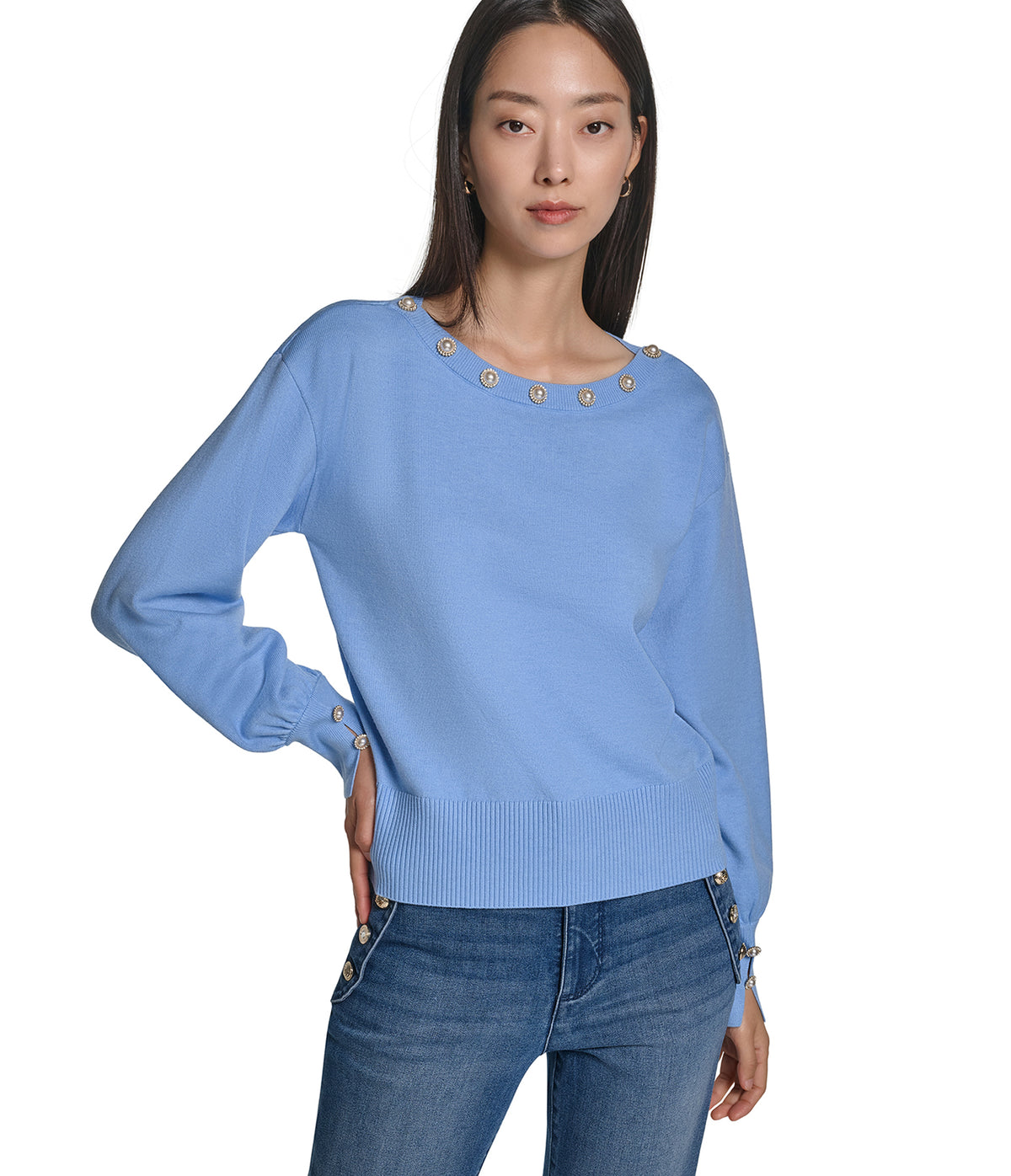 LONG SLEEVE PEARL NECK SWEATER VIEW 1